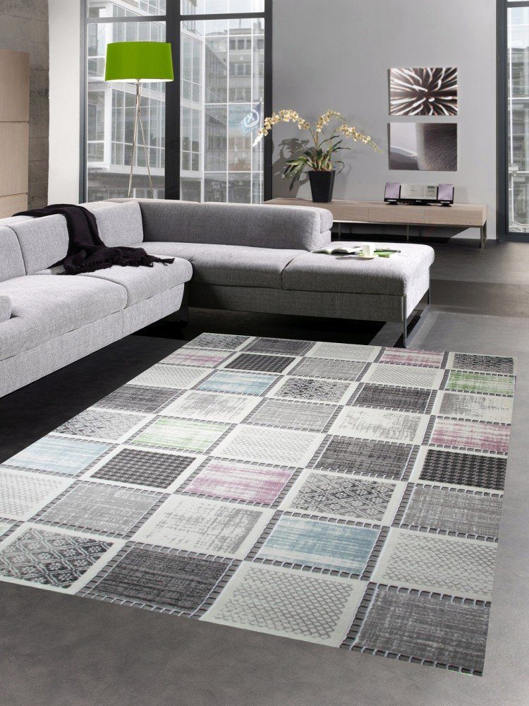 Teppich Designer Teppich Modern Kurzflor mit Karomuster grau blau grün rosa