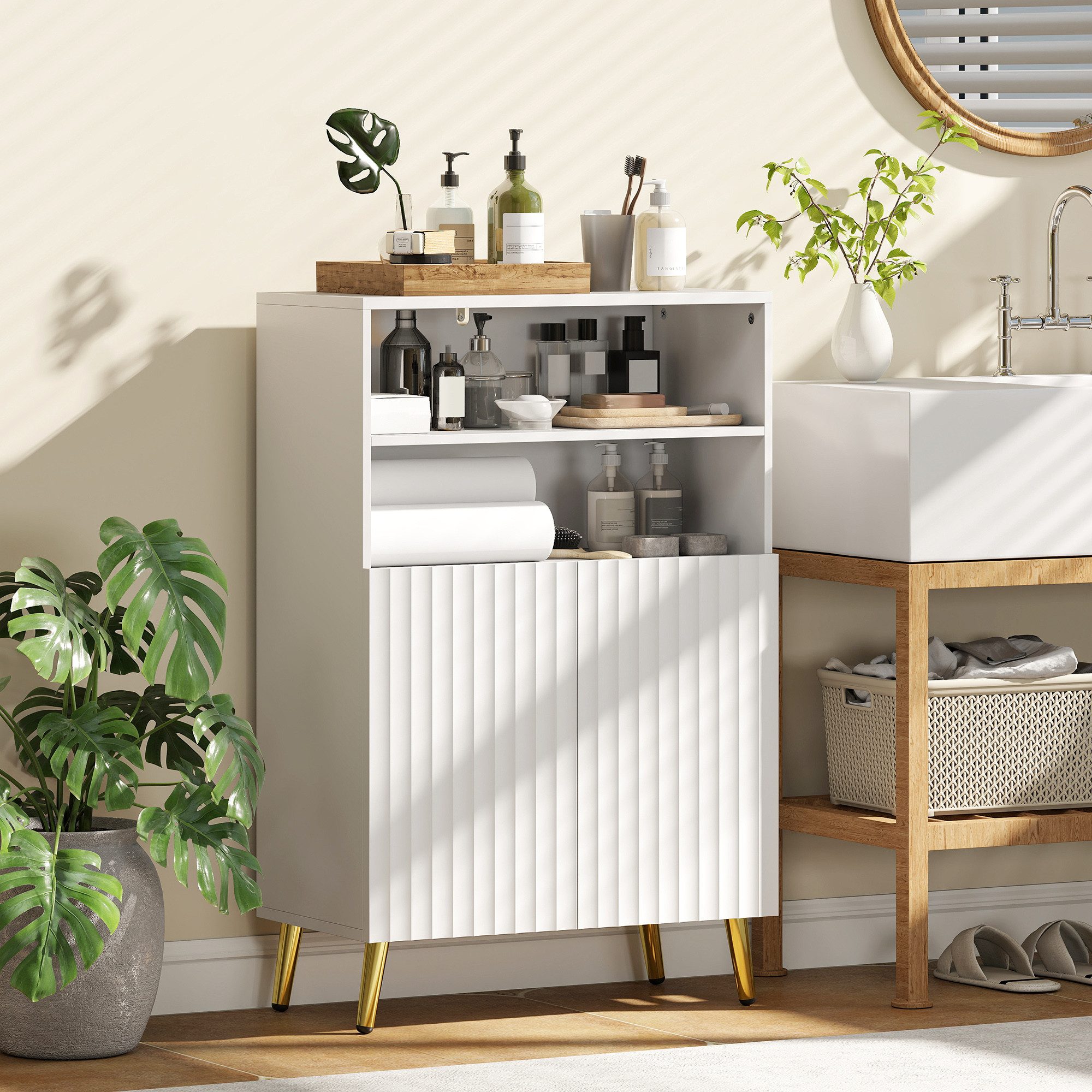 HOMCOM Badkommode Badezimmerschrank mit 2 Soft-Close-Türen, Verstellbaren Ablagen (Badschrank, 1 St., Aufbewahrungsschrank), für Badezimmer, Wohnzimmer, Weiß