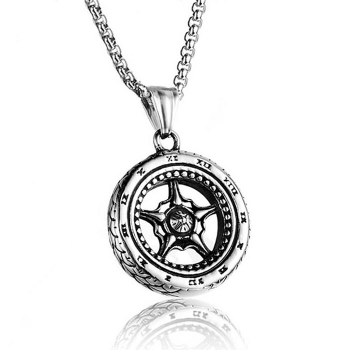 DALMARO.de Edelstahlkette Lederkette Edelstahl Halskette RACING TIRES (Lederhalskette Echtleder Handgefertigt) Herren Kette mit Anhänger inkl. Schmuckschachtel