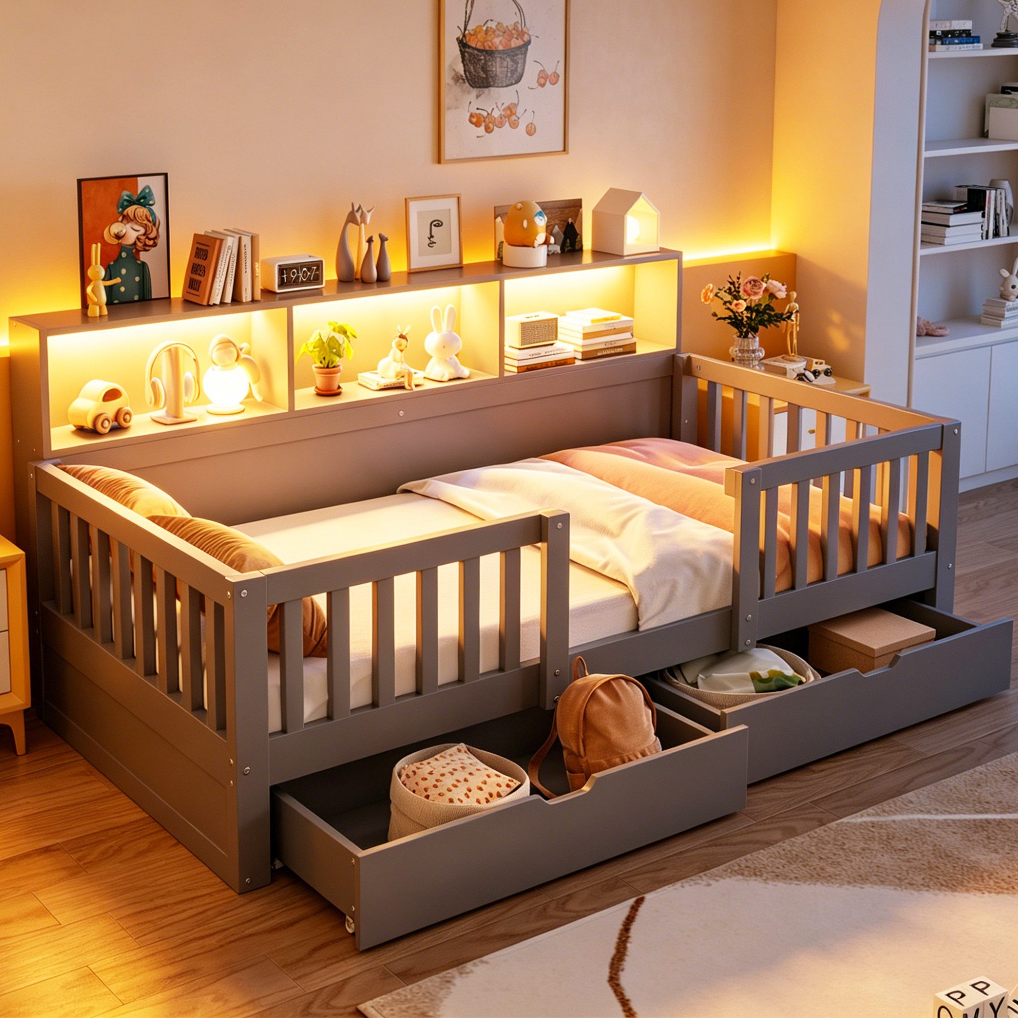 OKWISH Kinderbett Funktionsbett Holzbett (mit Stauraumschubladen und Ablageflächen), Stauraumbett, ohne Matratze