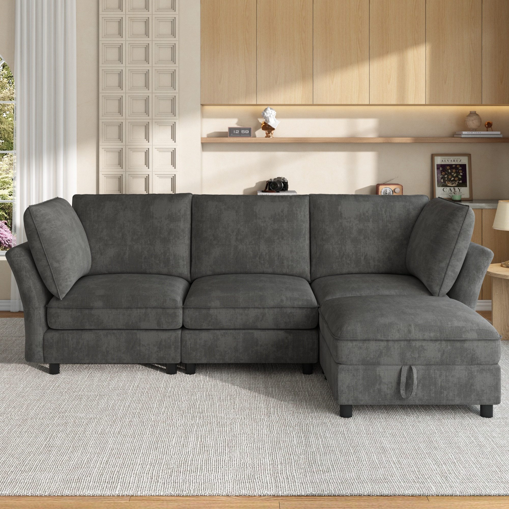 HAUSS SPOLE Ecksofa 4-Sitzer Kombisofa mit einem Hocker,Loungesofa Schlafsofa in Grau, Modulares L‑förmiges Wohnzimmersofa mit Hocker und Armlehnenkissen, 4-Sitzer mit Chenille-Bezug für 4–5 Personen