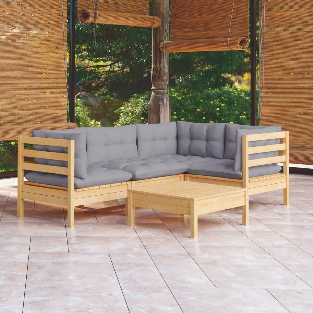 vidaXL Gartenlounge-Set 5-tlg. Garten-Lounge-Set mit Grauen Kissen Kiefernholz, (5-tlg)