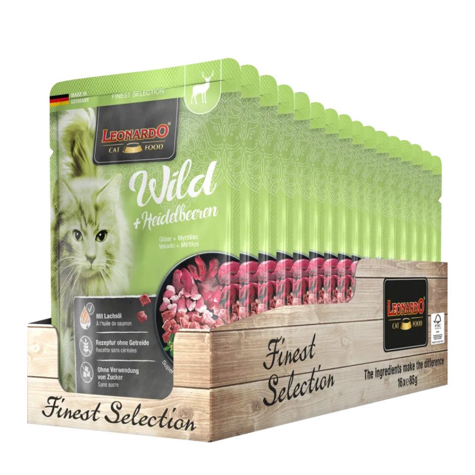 Leonardo Catfood Wild & Blaubeeren - getreidefreies Nassfutter mit delikatem Wild 16x85g, Nassfutter für: Katzen