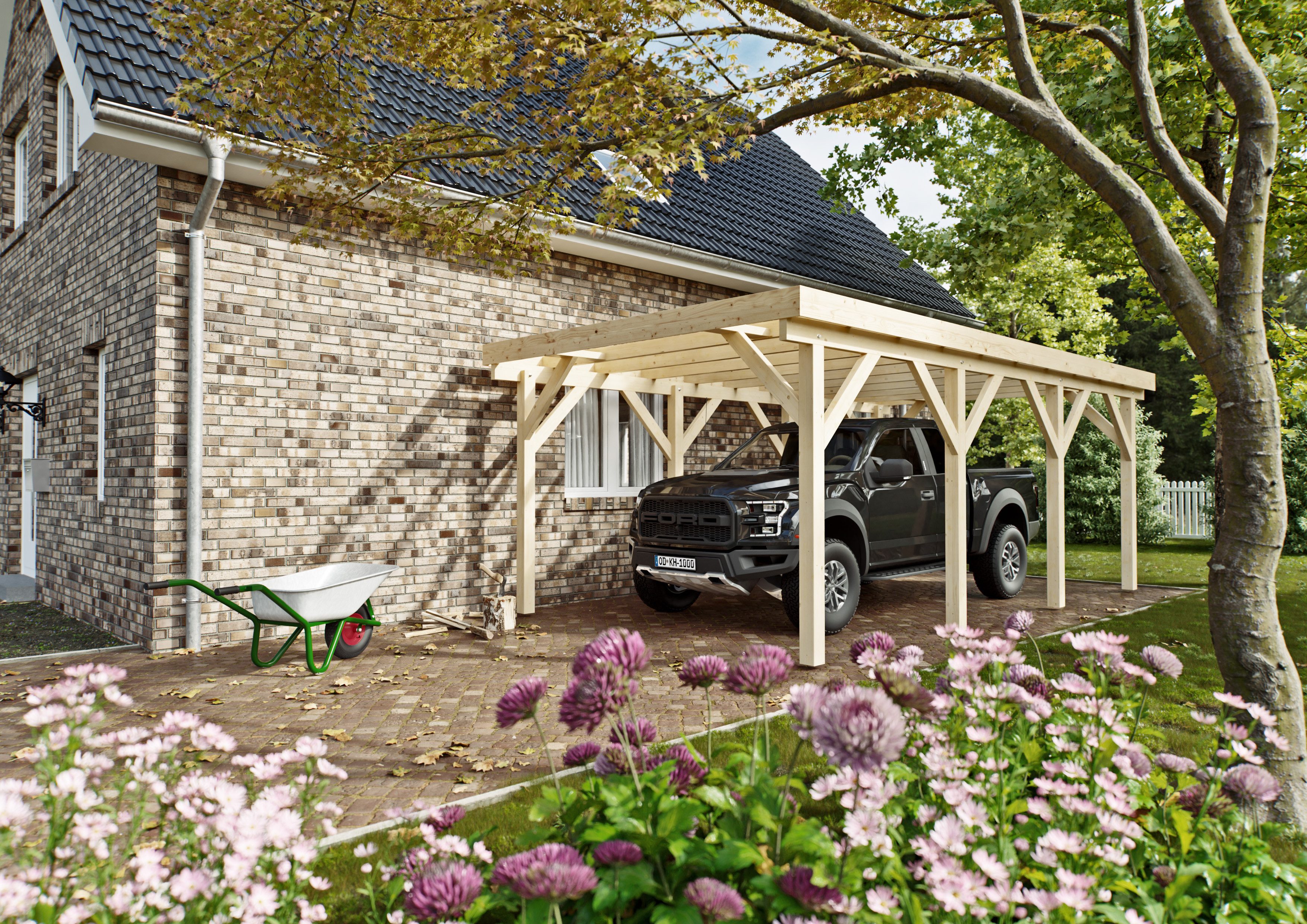 KONIFERA Einzelcarport Saturn II, BxT: 344x650 cm, 222 cm Einfahrtshöhe, Bausatz, Leimholz naturbelassen, PET-Flachdach lichtdurchlässig