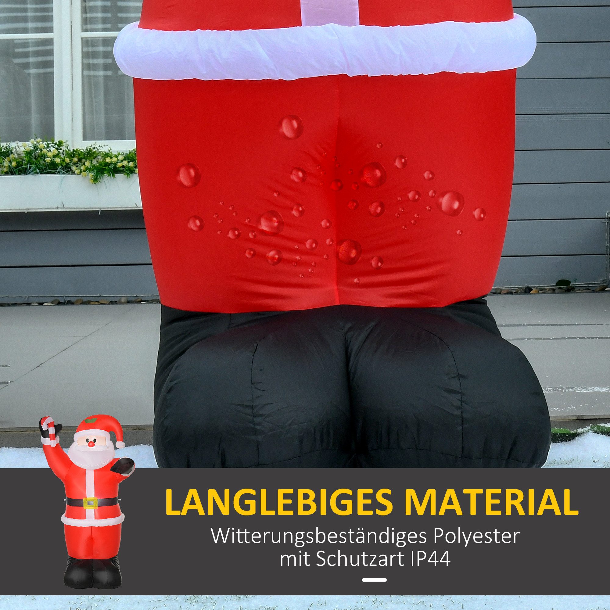 HOMCOM Weihnachtsfigur Aufblasbar Weihnachtsdeko, Weihnachtsmann,Zuckerstange,Gartendeko (LED-Leuchten, 1 St., Erdspieße), Seile, Polyester, Rot – Bild 5 von 5
