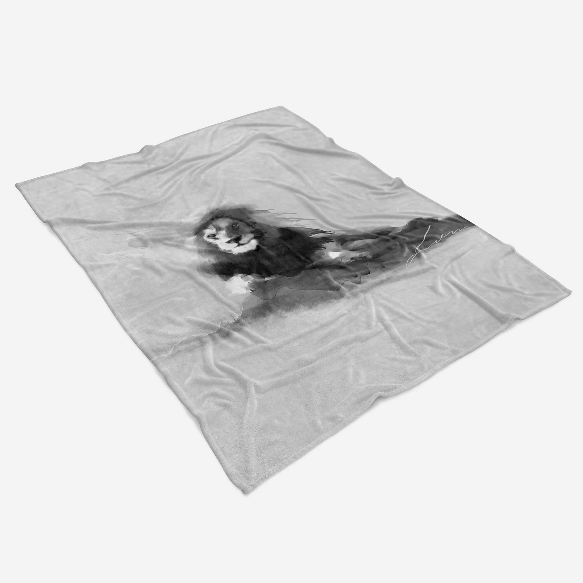 Sinus Art Handtücher Handtuch Strandhandtuch (1-St), Baumwolle-Polyester-Mix Kunstvoll Saunatuch Grau Motiv, Handtuch Raubkatze Kuscheldecke Löwe