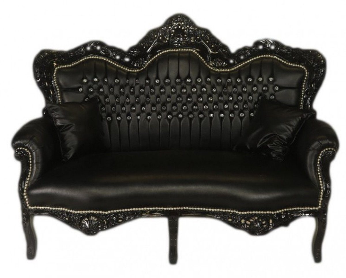 Bling Schwarz Couch Wohnzimmer Schwarz Glitzersteinen Casa Bling 2-Sitzer Sofa - Lounge Möbel Lederoptik / Padrino 2er mit Master Barock