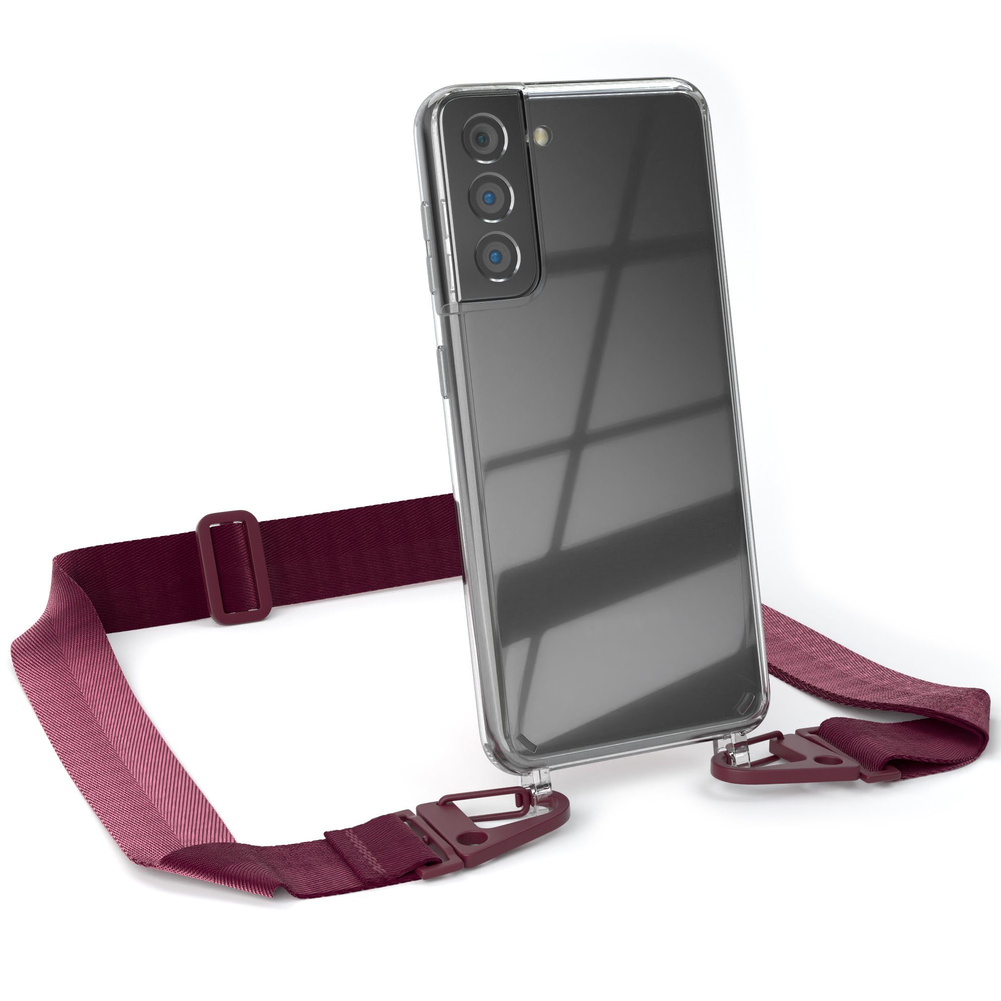 EAZY CASE Handykette Silikon Kette Karabiner für Samsung Galaxy S21 5G 6,2 Zoll, Smartphonekette Cover Silikonhülle Umhängetasche Burgundy Rot Beere