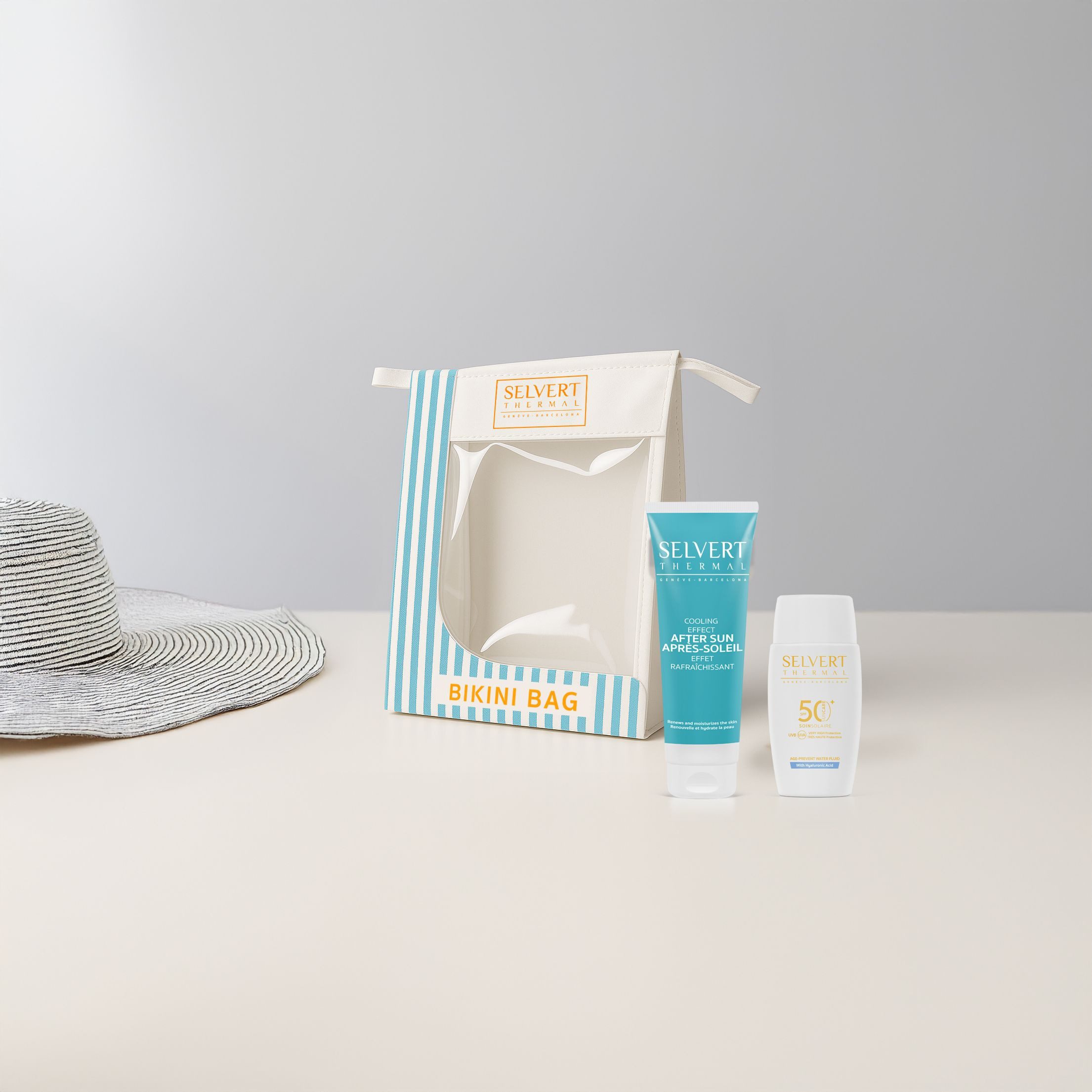 Selvert Thermal Sonnenschutzpflege Sonnenschutz Summer Vibes, Tasche mit 2 Sonnenschutzprodukten, 3-tlg., mit Hyaluronsäure und SPF 50+