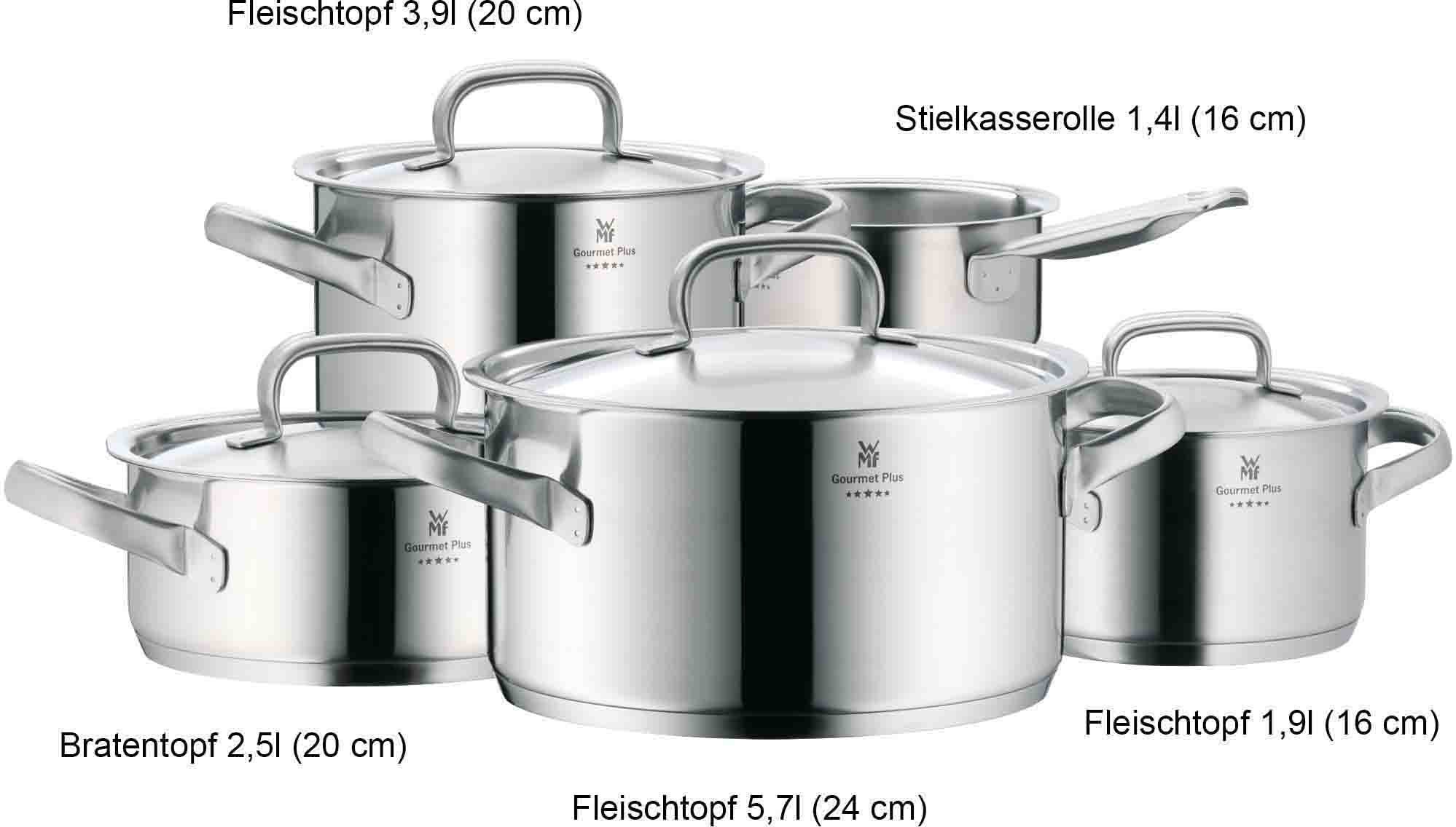 WMF Topf-Set Gourmet Plus, Induktions Töpfe Set unbeschichtet mit Metalldeckel, Cromargan® Edelstahl Rostfrei 18/10 (Set, 5-tlg., 1 Bratentopf Ø 20 cm, Fleischtopf Ø 16/20/24 cm, Kasserolle Ø 16 cm), Innenskalierung, spülmaschinengeeignet, für alle Herdarten geeignet