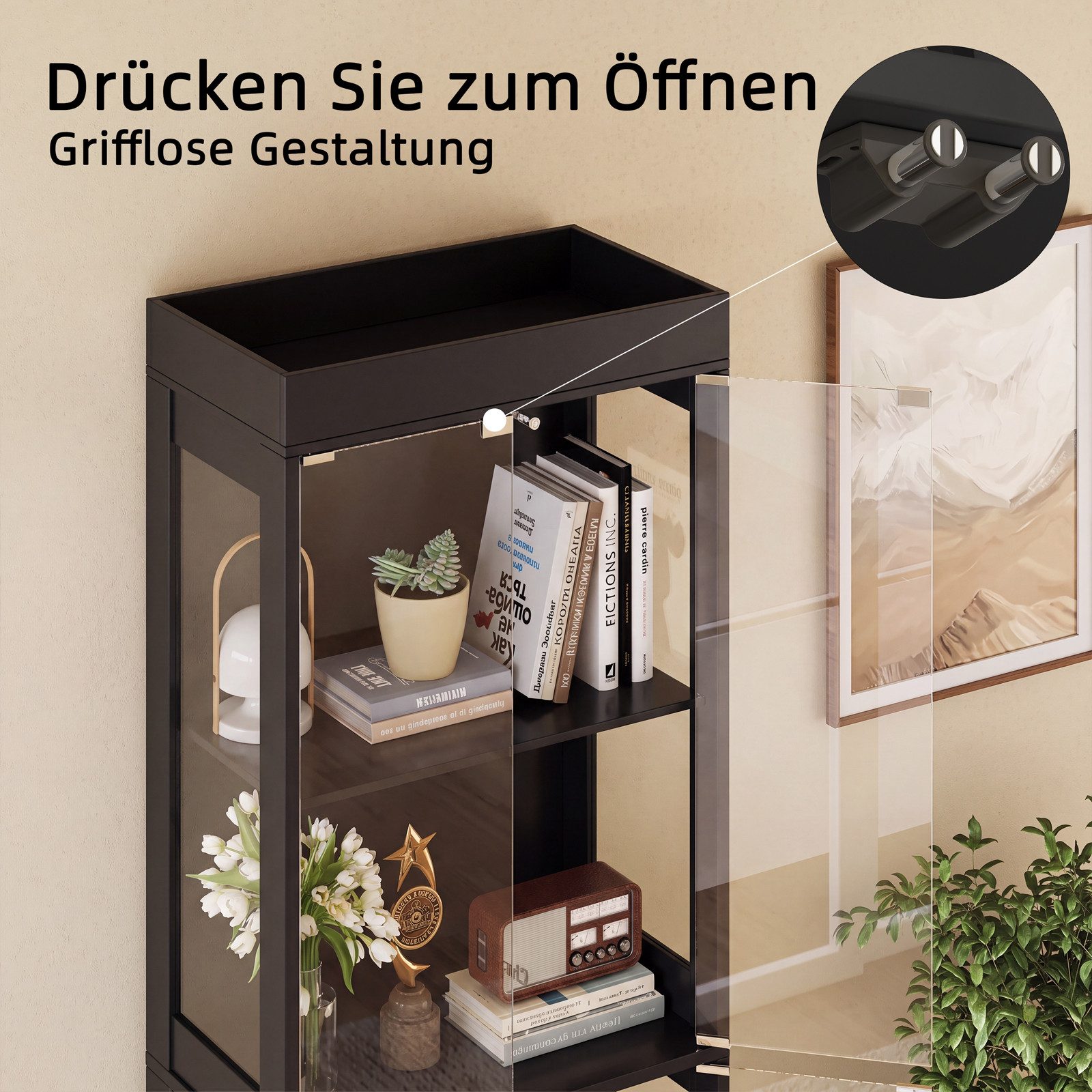 SVEYLXA Vitrine Beleuchtete LED Vitrine mit Glastüren & Regalen in Weiß/Schwarz (1-St) für Wohnzimmer, Küche & Bad, 60×30×178cm – Bild 5 von 5