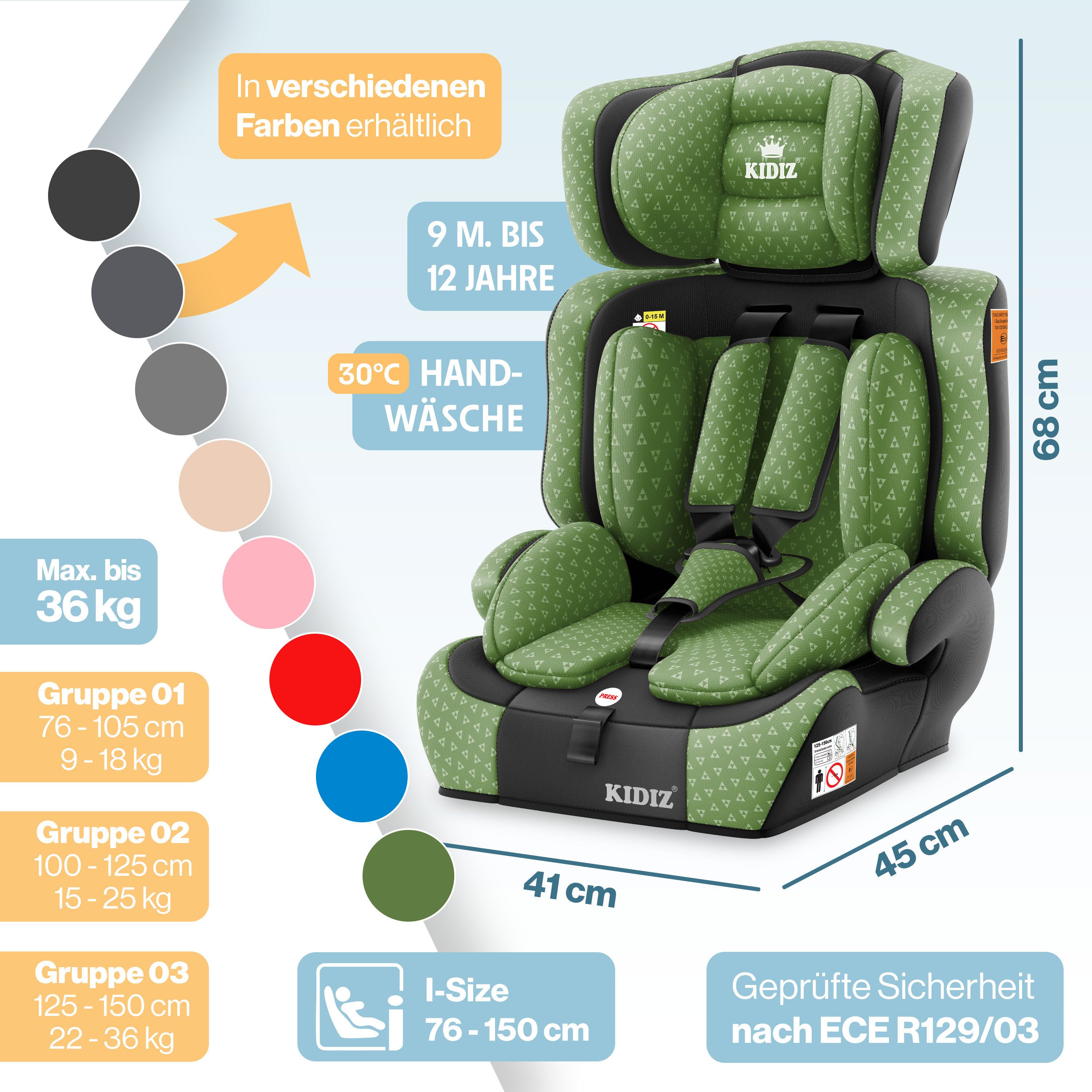 KIDIZ Autokindersitz, Kinderautositz 1-12 Jahre, Mitwachsend, Gruppe 1+2+3, 9-36 kg Autositz