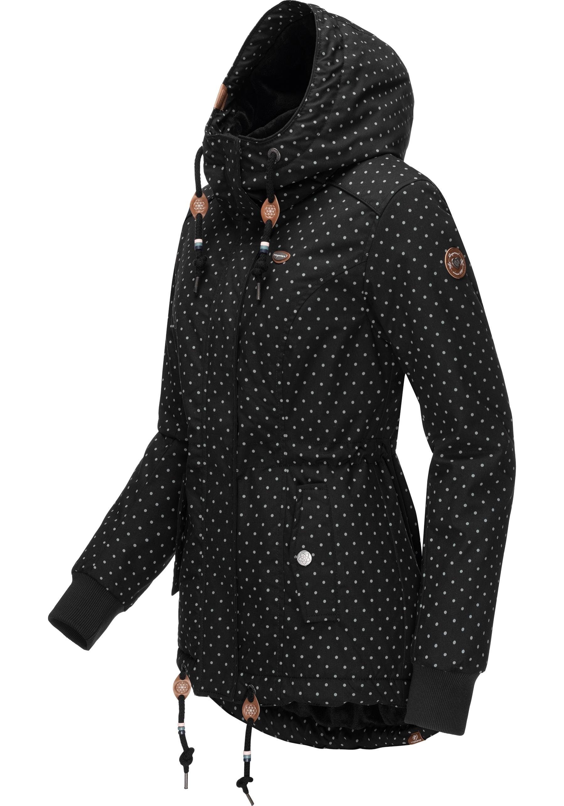 Ragwear Winterjacke black Kapuze mit Dots Outdoorjacke Intl. Winter Danka stylische