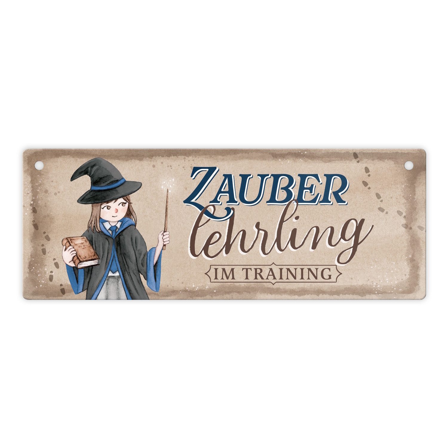Metallschild Zauberlehrling im Training Metallschild mit Zauberschülerin in blau