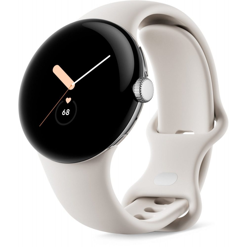 Google Google Pixel Watch WiFi Smartwatch poliertes Silber/Chalk Smartwatch (Android Wear Betriebssystem), Android Wear Betriebssystem, Wasserfest