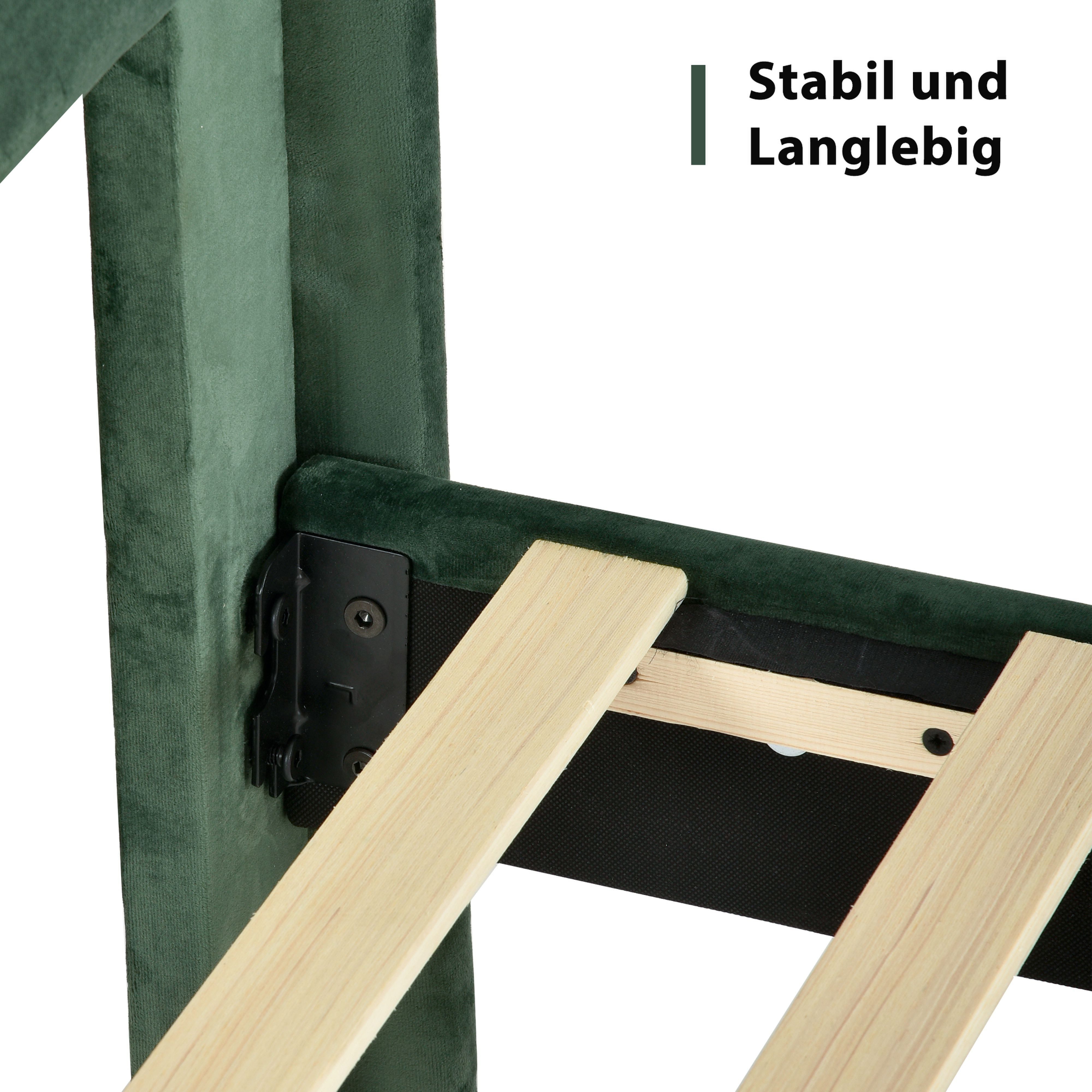 BlingBin Einzelbett Polsterbett Jugendbett (Bettgestell mit Lattenrost & Kopfteil), Textilbezug Samt in Dunkelgrün, 90 x 200 cm