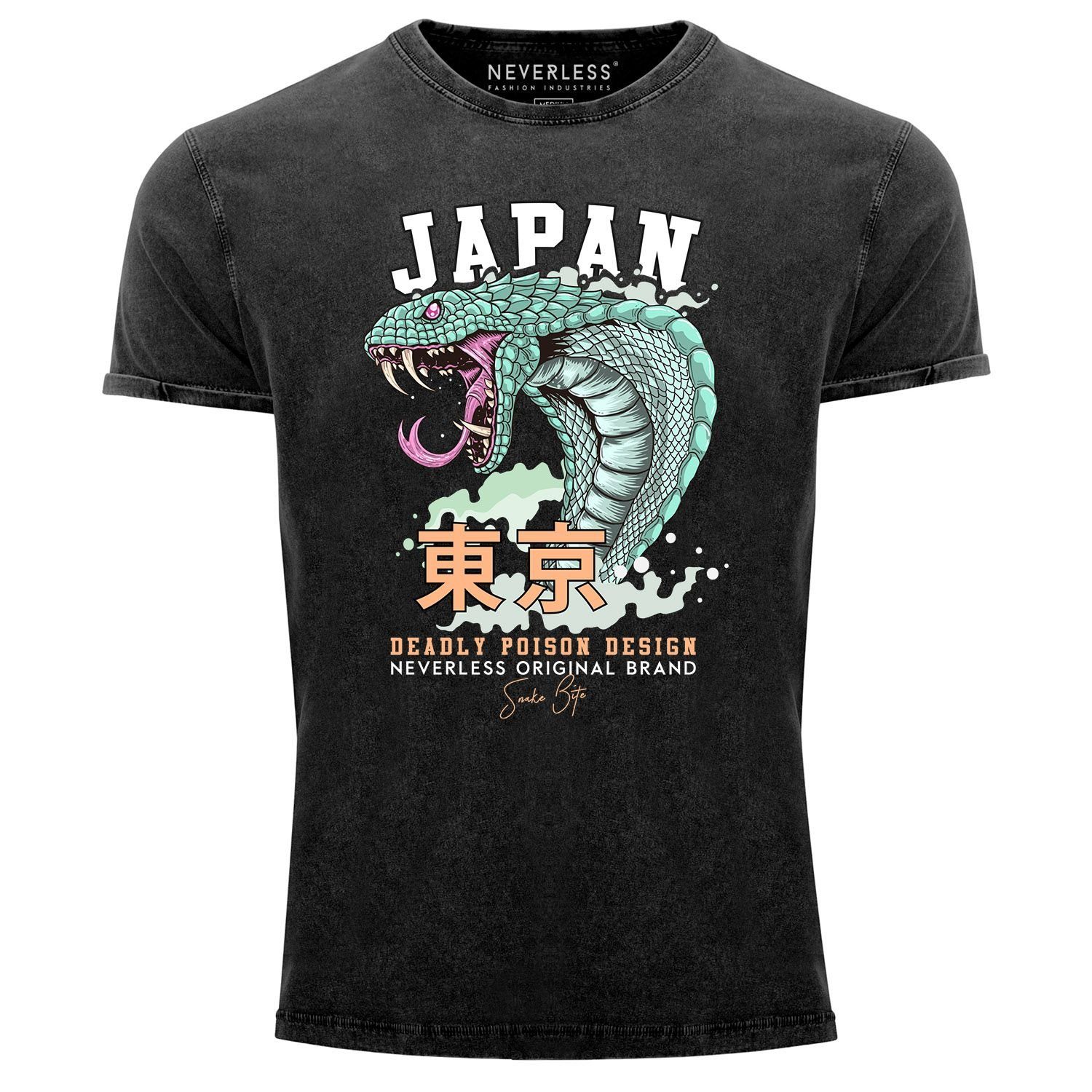 Neverless Print-Shirt Neverless® Herren T-Shirt Vintage Shirt Printshirt Japan Kobra Motiv mit Print