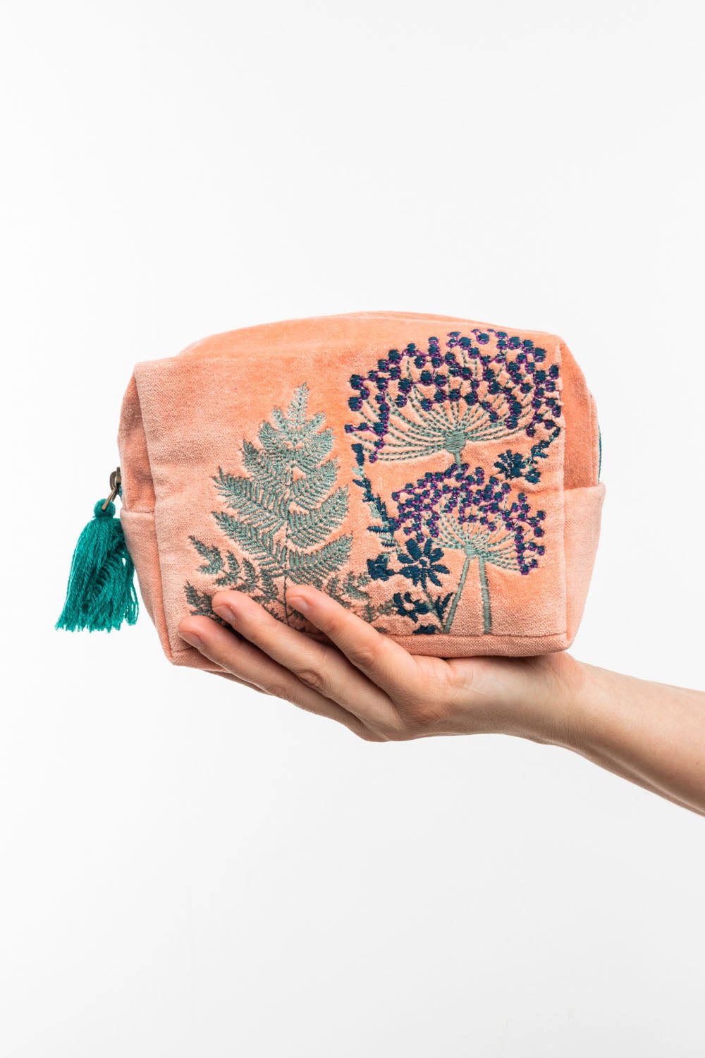Tranquillo Kosmetiktasche Kosmetiktasche VELVET LEAVES - groß, Kosmetiktasche aus Samt mit floraler Stickerei