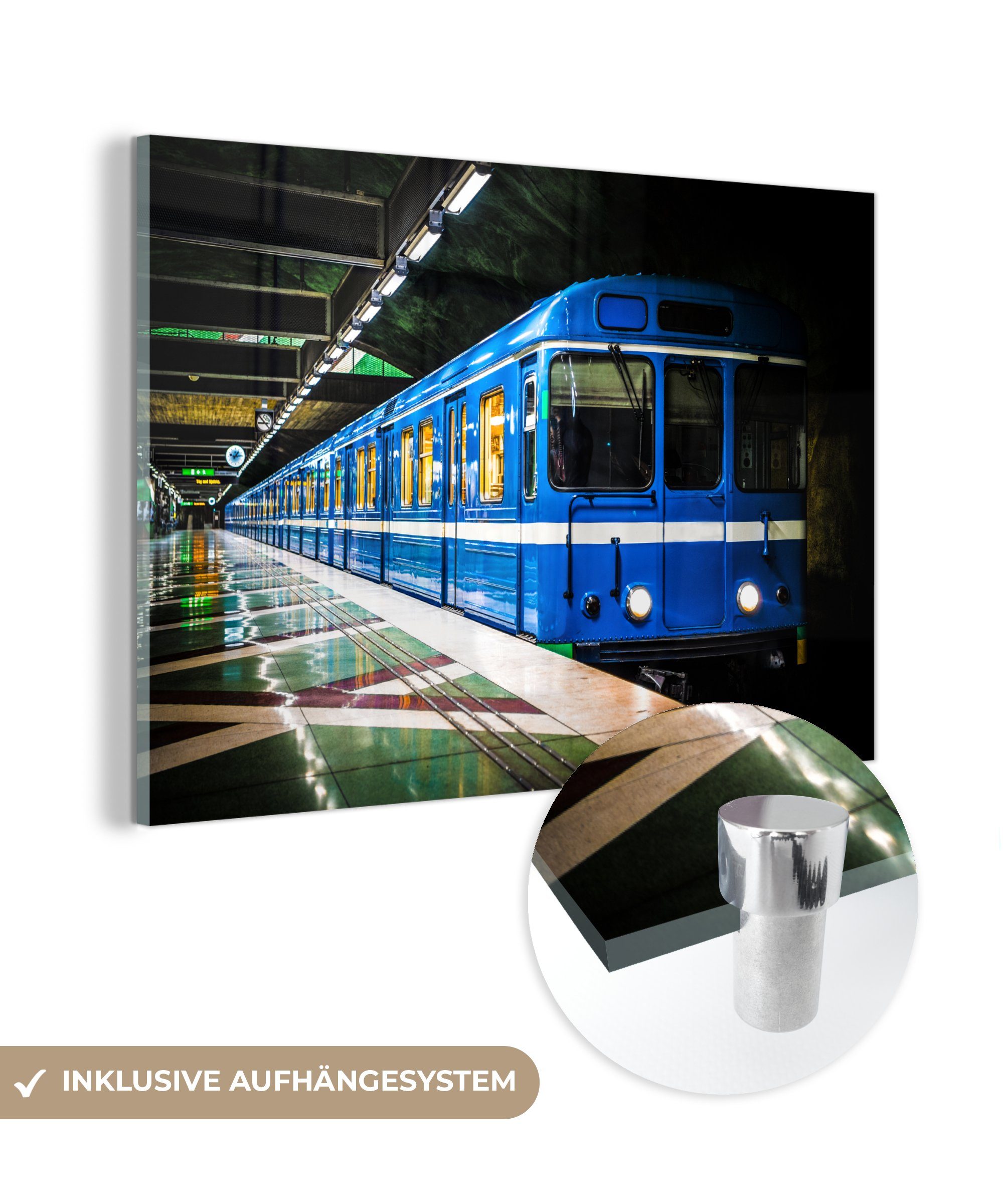 MuchoWow Acrylglasbild Dunkle U-Bahn-Station mit blauem Zug, (1 St), Acrylglasbilder Wohnzimmer & Schlafzimmer