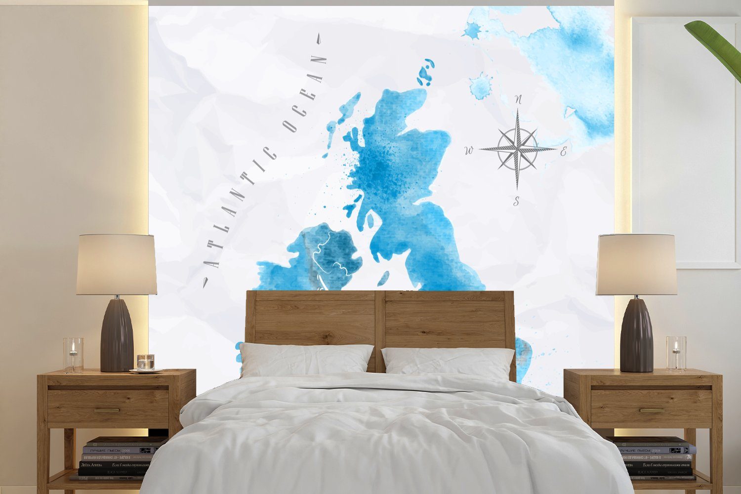 MuchoWow Fototapete England - Weltkarte - Blau, Matt, bedruckt, (4 St), Vliestapete für Wohnzimmer Schlafzimmer Küche, Fototapete