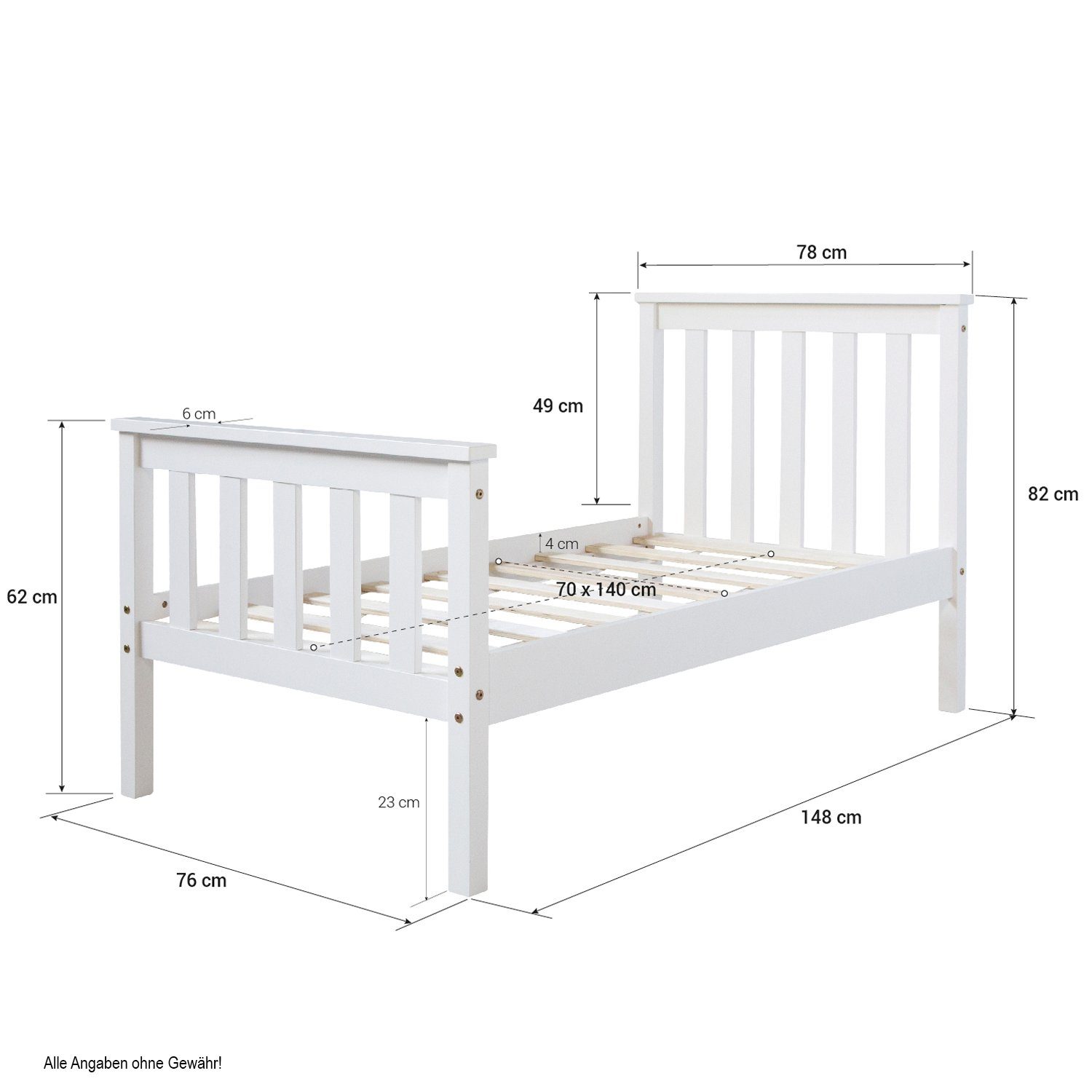 Homestyle4u Holzbett Natur Juniorbett Set) Doppelbett | weiß 70x140 90x200 weiß 140x200 Bett weiß Jugendbett (Kein