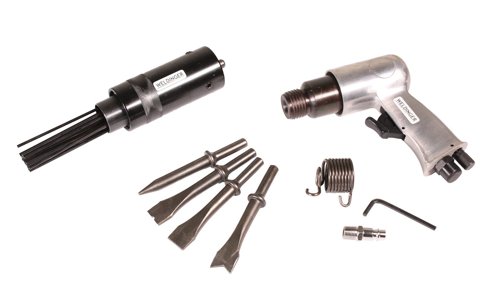 WELDINGER Druckluft-Meißelhammer Druckluft-Meißelhammer 4-teiliger Meißelsatz Nadelentroster 113 l/min, für Bajonett-Schnellkupplung, (Set, 4-tlg) Blechtrennmeißel, Spitzmeißel, Nietenmeißel und Breitmeißel