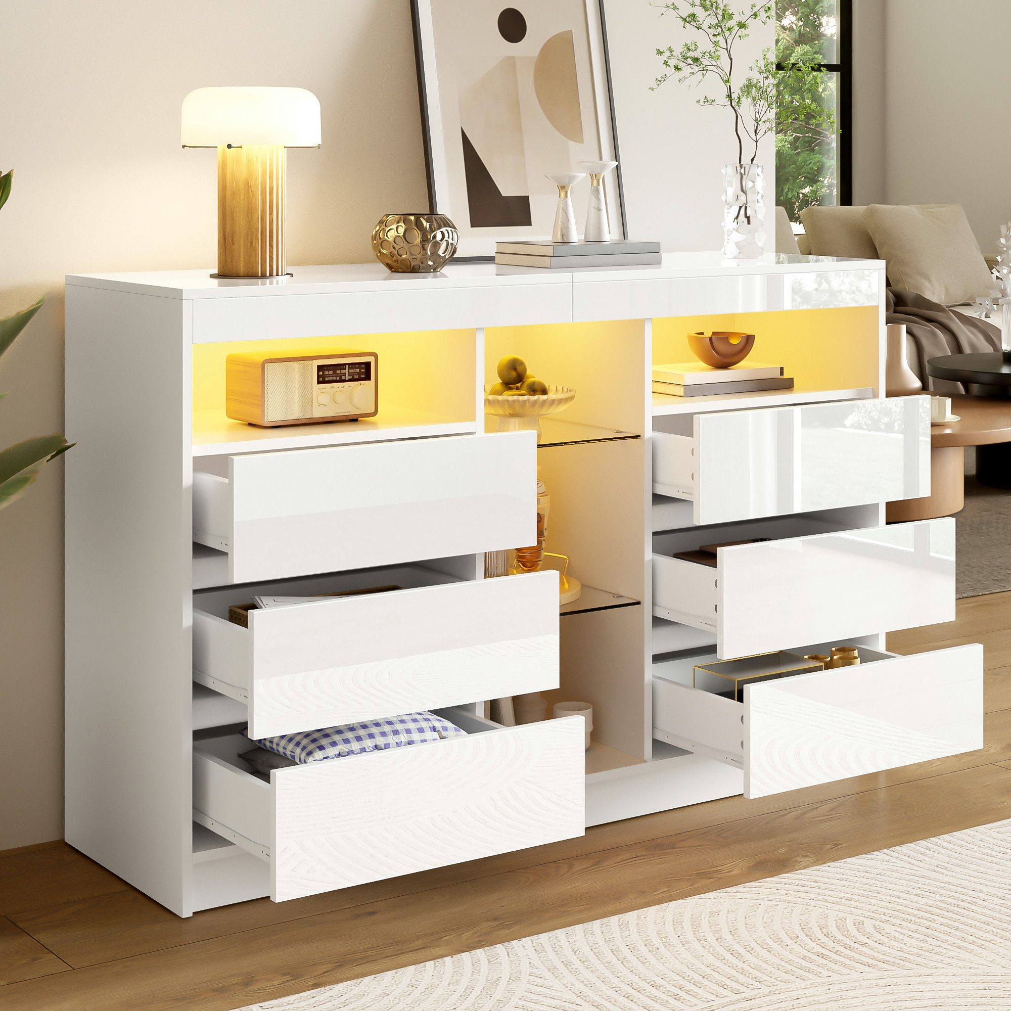 Flieks Kommode Hochglanz Sideboard mit 6 Schubladen, Glasböden & LED-Beleuchtung (130x40x85 cm, 1 St), Mehrzweckschrank Wohnzimmerschrank Aufbewahrungsschrank Weiß