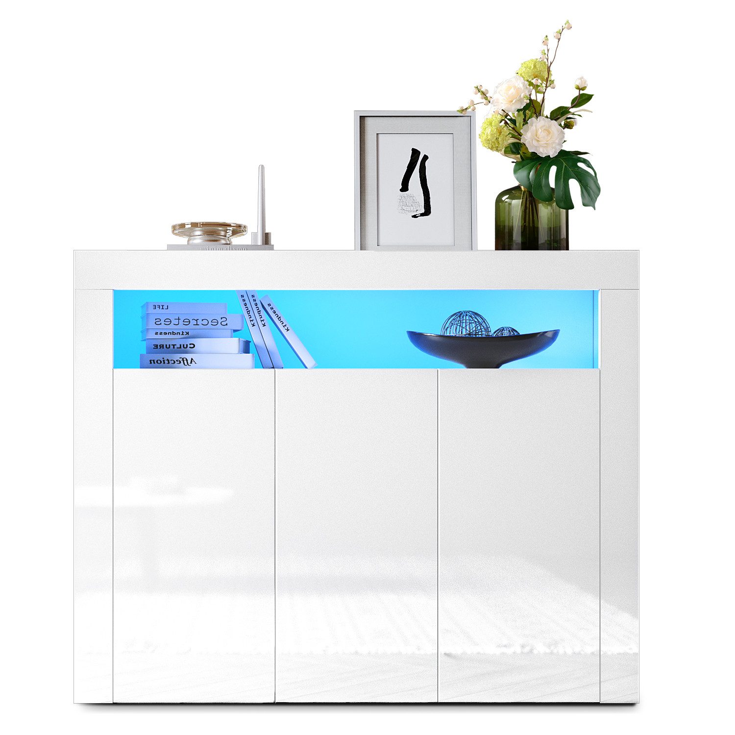 SONNI Kommode Sideboard Weiß Hochglanz mit LED Beleuchtung, Wohnzimmer