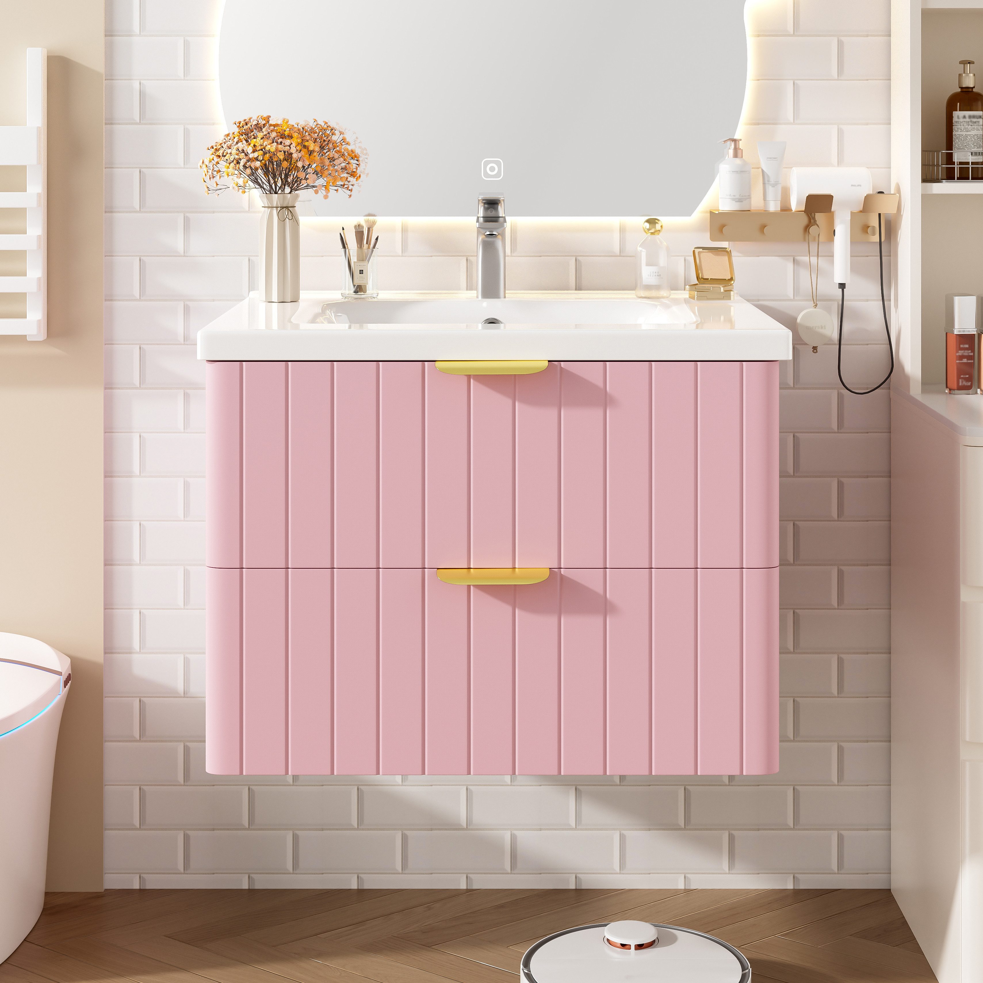Celya Waschbeckenschrank Hängendes Einzelbecken-Waschschrank mit Waschbecken (platzsparend, in Rosa, schmutzresistenter Keramikwaschbecken, lackfreier Melaminoberfläche) doppelter Aufbewahrung, feuchtigkeitsbeständigem MDF