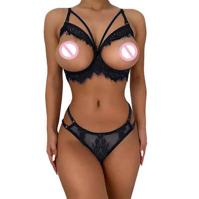 Elegant Love Set: Ouvert-BH Erotische Lingerie, Sexy-Dessous-Set, Unterwäsche für Damen, Dessous (Set, 2-tlg., Mit offenem Schritt: V-String-Tanga) Wimpernspitze-BH-Set, String-Lingerie-Set, Ausgehöhlter BH aus Spitze