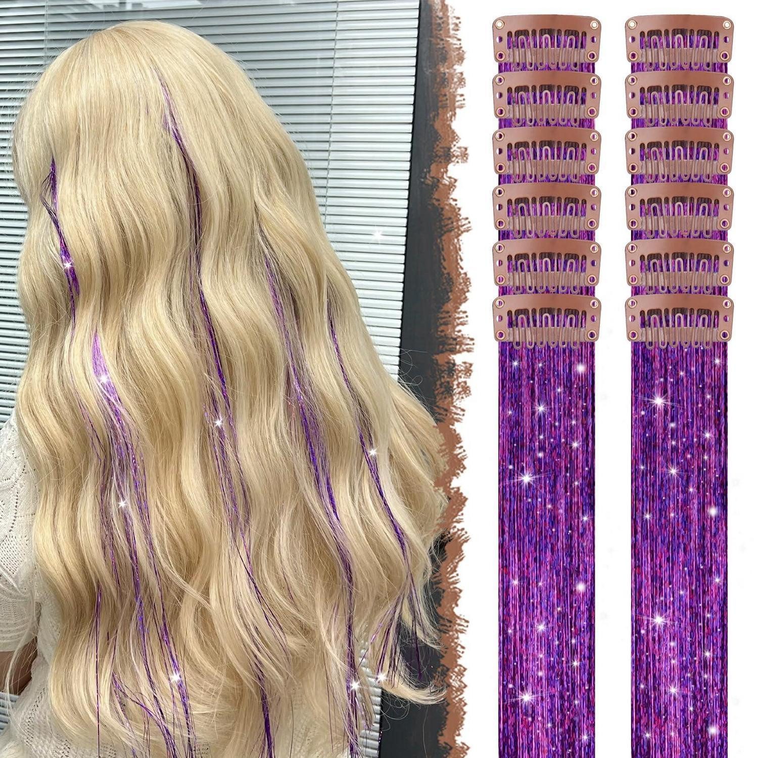 LuxusKollektion Kunsthaar-Extension Haartinsel Clipin 12 Haarsträhnen Glitzer 50cm Mädchen Lila-glitzer