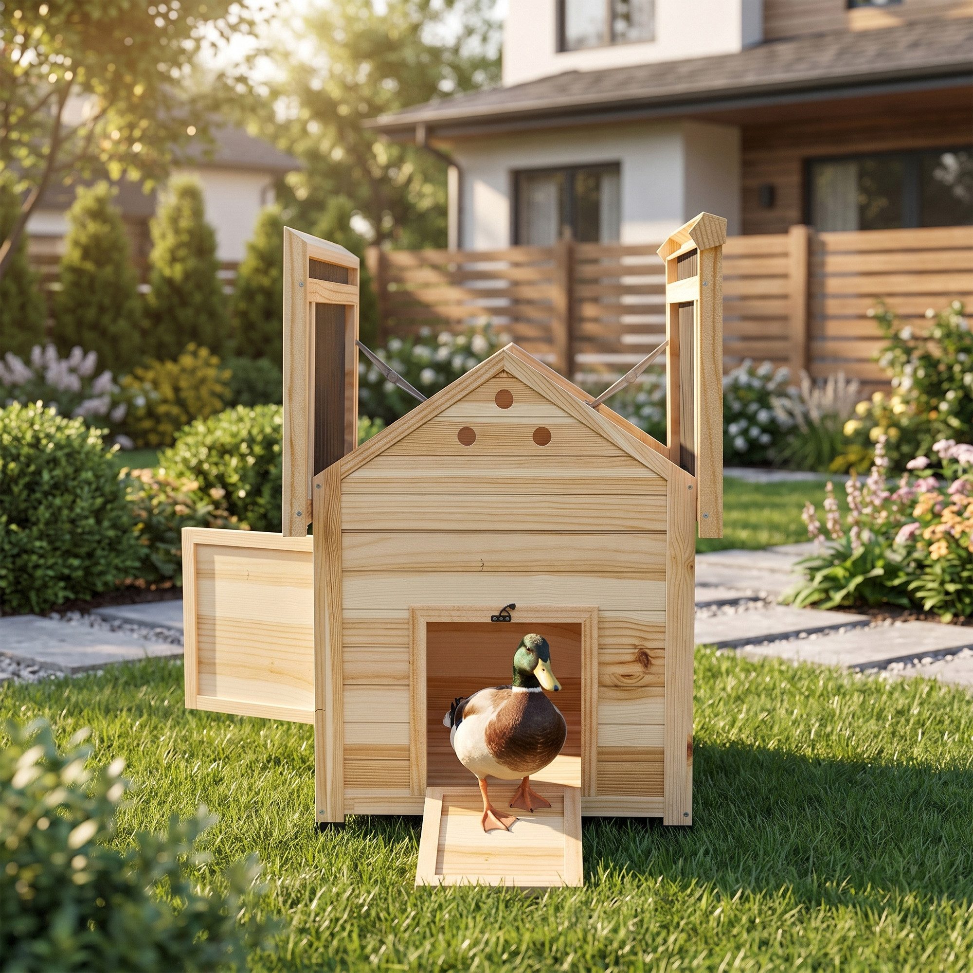 PawHut Kleintierstall Entenstall aus Holz Entenhaus mit Kippdach, Hühnerstall Natur 78 x 90 x 92 cm