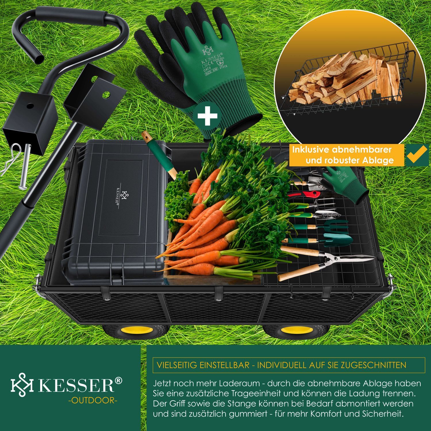 KESSER Garden Wagon, Handcart, Transport Wagon, 700kg Load Capacity, Garden Cart (Versatile Handcart, Includes Gloves + Shelf), Includes Removable Tarpaulin, Pneumatic Tires, Equipment Cart