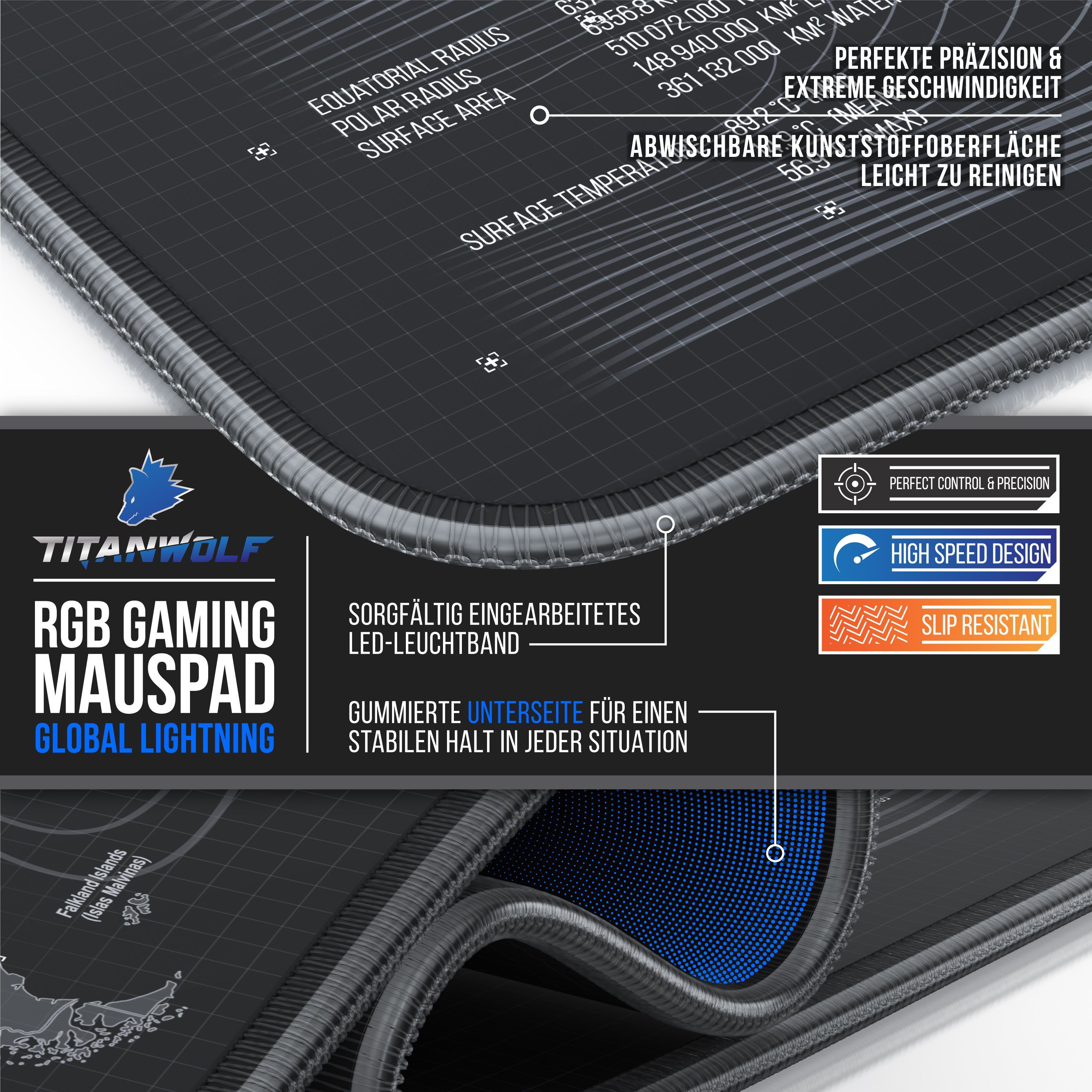 Titanwolf Gaming Mauspad RGB Mousepad 900 x 400 x 3 mm, LED Multi Color XXL Tischunterlage, rutschfest, abwaschbar, Geschwindigkeit & Präzision, Weltkarte Globa – Bild 3 von 5