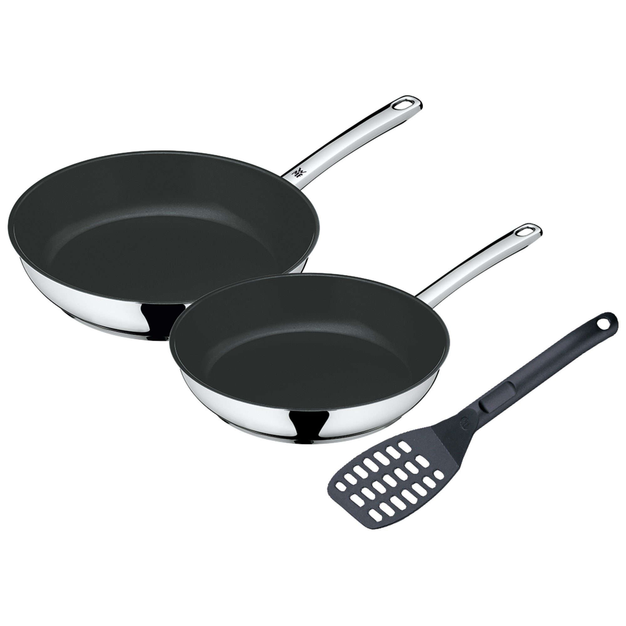 WMF Сковороды-Set Devil, Edelstahlpfanne Induktion mit Antihaftversiegelung, Cromargan® Edelstahl Rostfrei 18/10 (Set, 3-tlg., 2x Жаровни Ø 24/28 cm, 1x Сковородыwender), TransTherm®-Allherdboden, für alle Herdarten, inkl. Сковородыwender