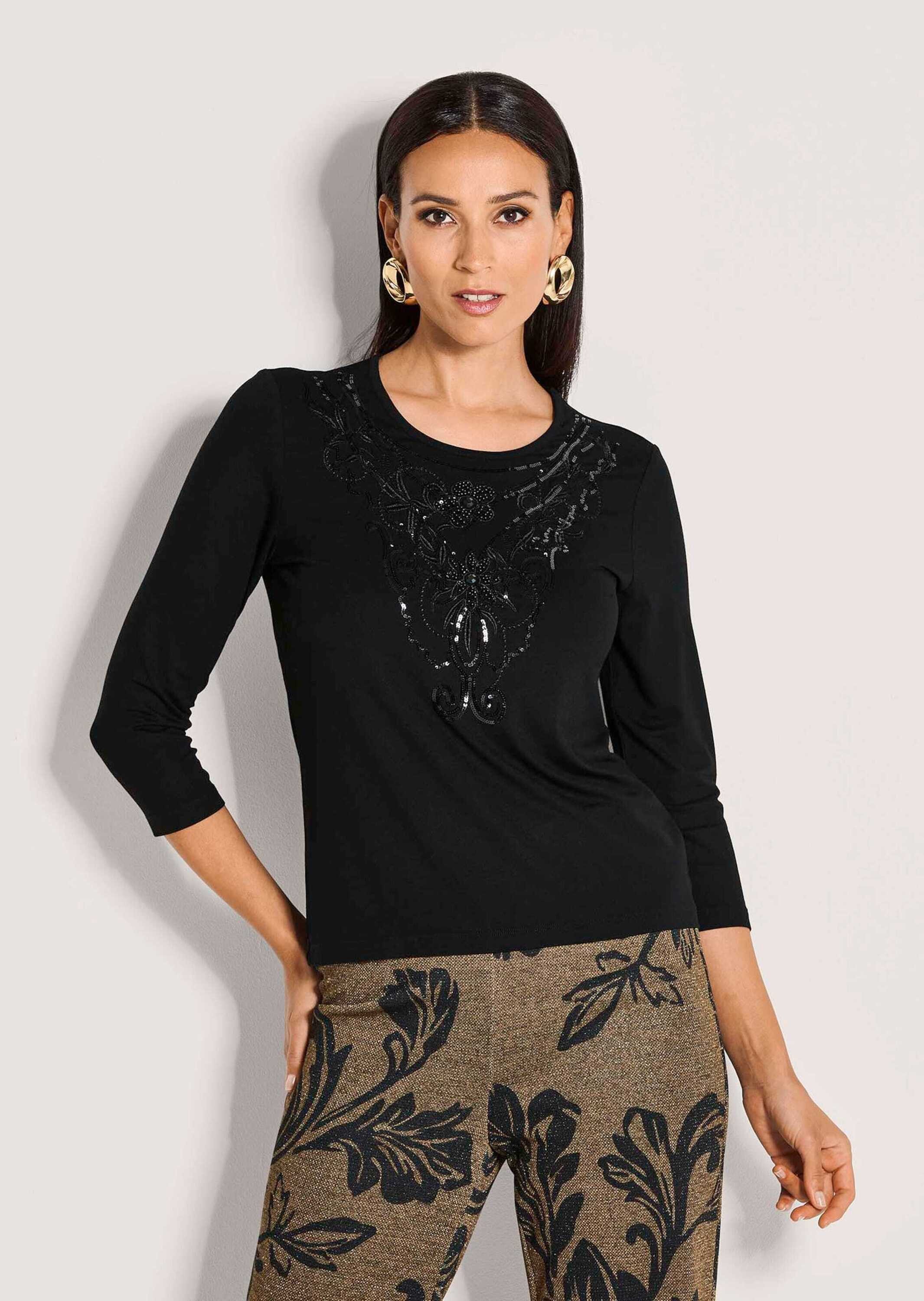 MADELEINE Langarmshirt Funkelndes Oberteil mit Ziersteinen Rundhals-Shirt mit 3/4-Ärmeln und Glanzdetails