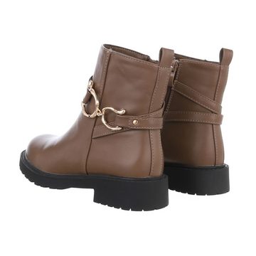 Ital-Design Damen Freizeit Stiefelette Blockabsatz Flache Stiefeletten in Hellbraun