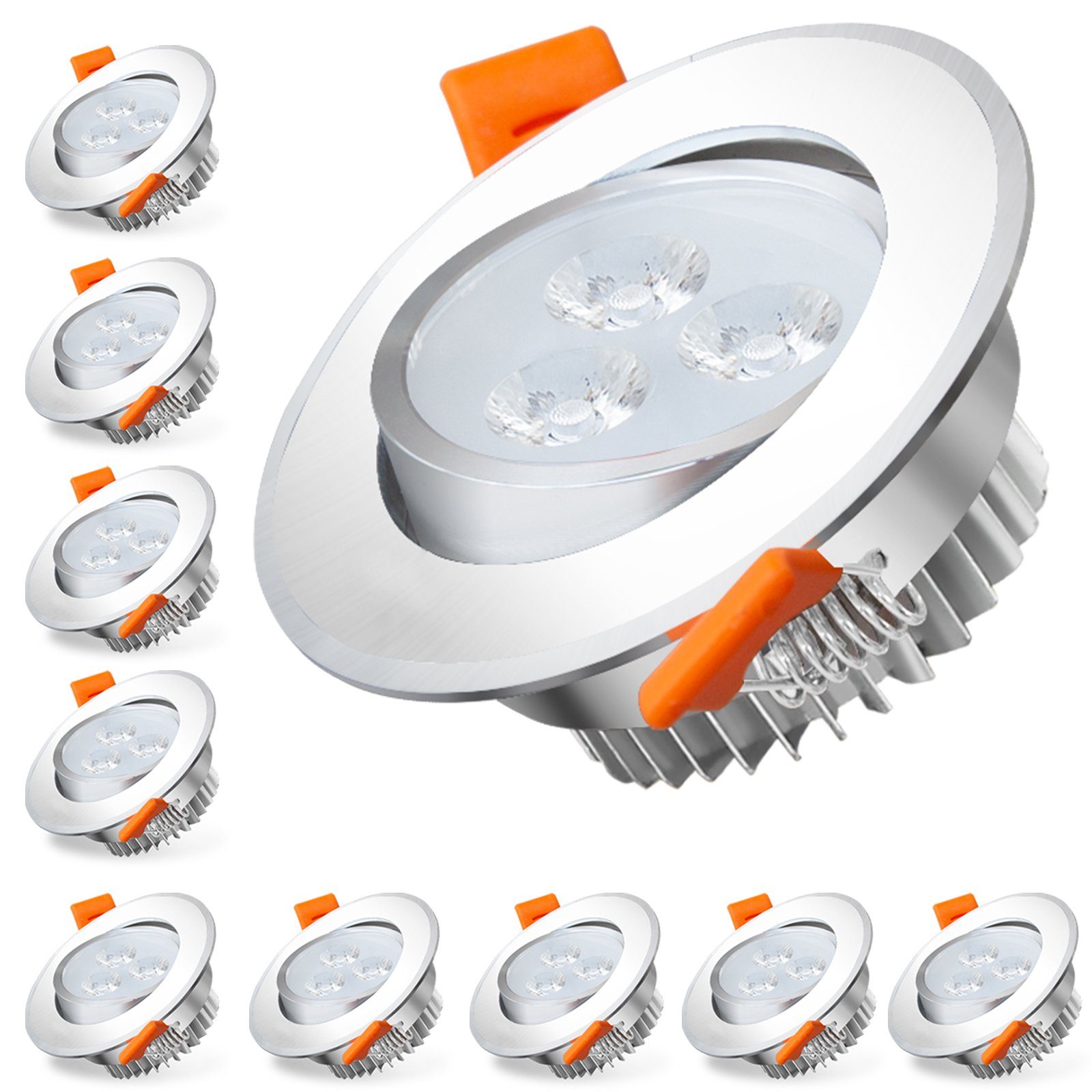 Lospitch LED Einbauleuchte 10St. LED Einbaustrahler LED Einbauleuchte LED Spot,3W Warmweiß Alu 3W Warmweiß nicth dimmbar