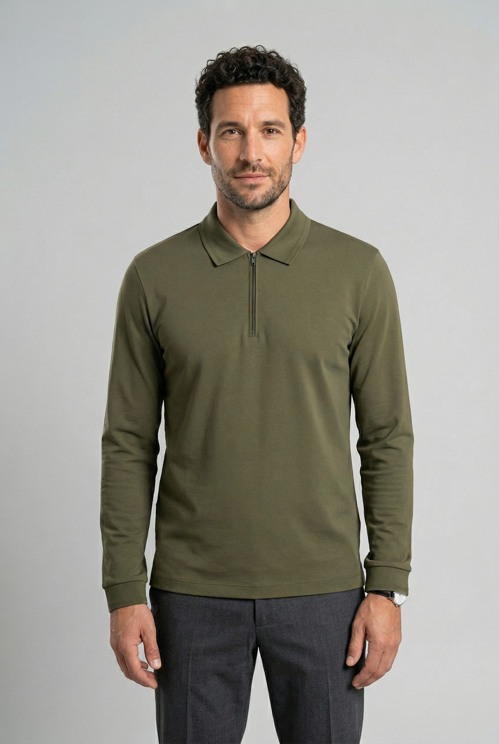 OLYMP Langarm-Poloshirt unifarben, Polokragen, regular fit, casual
