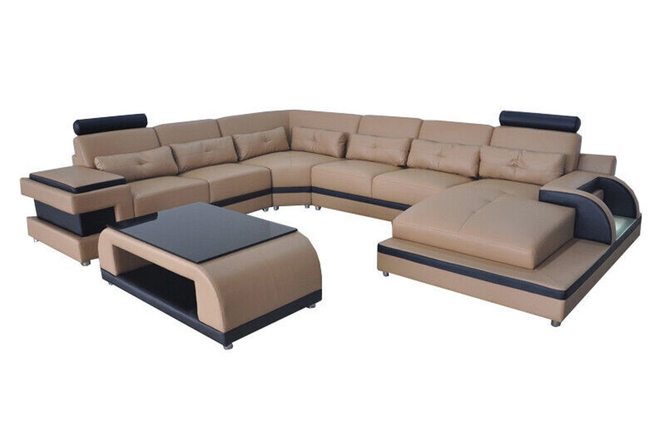 Ecksofa USB Möbel mit Sitz JVmoebel Sofa Polster Beige Couch Landschaft Leder Wohn Garnitur