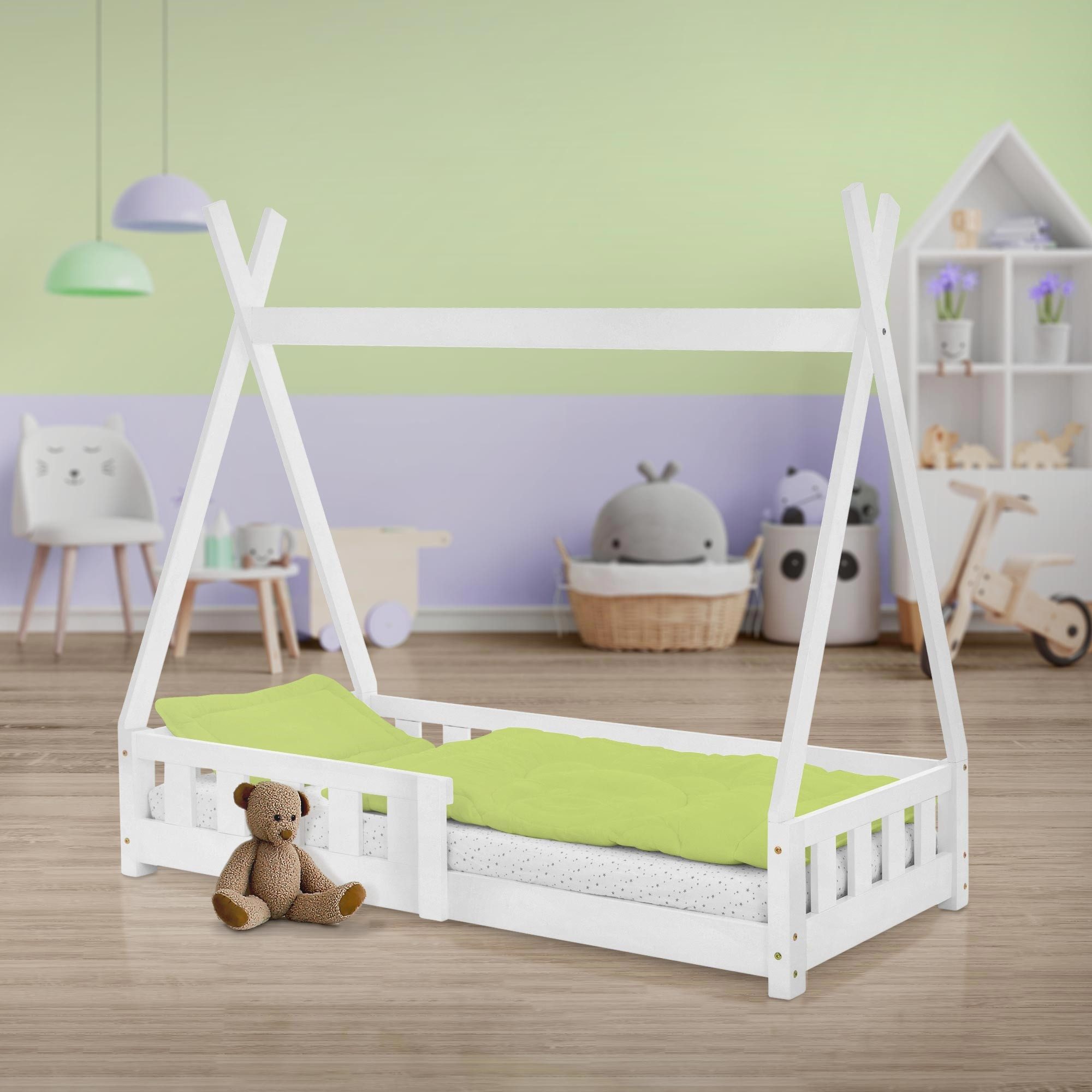 ML-DESIGN Spielbett Hausbett Tipi Zeltbett inkl. Lattenrost Bodenbett Kinder Himmelbett, Abenteuerbett mit Rausfallschutz Zelt Bett Kiefer Weiß Kinderhaus