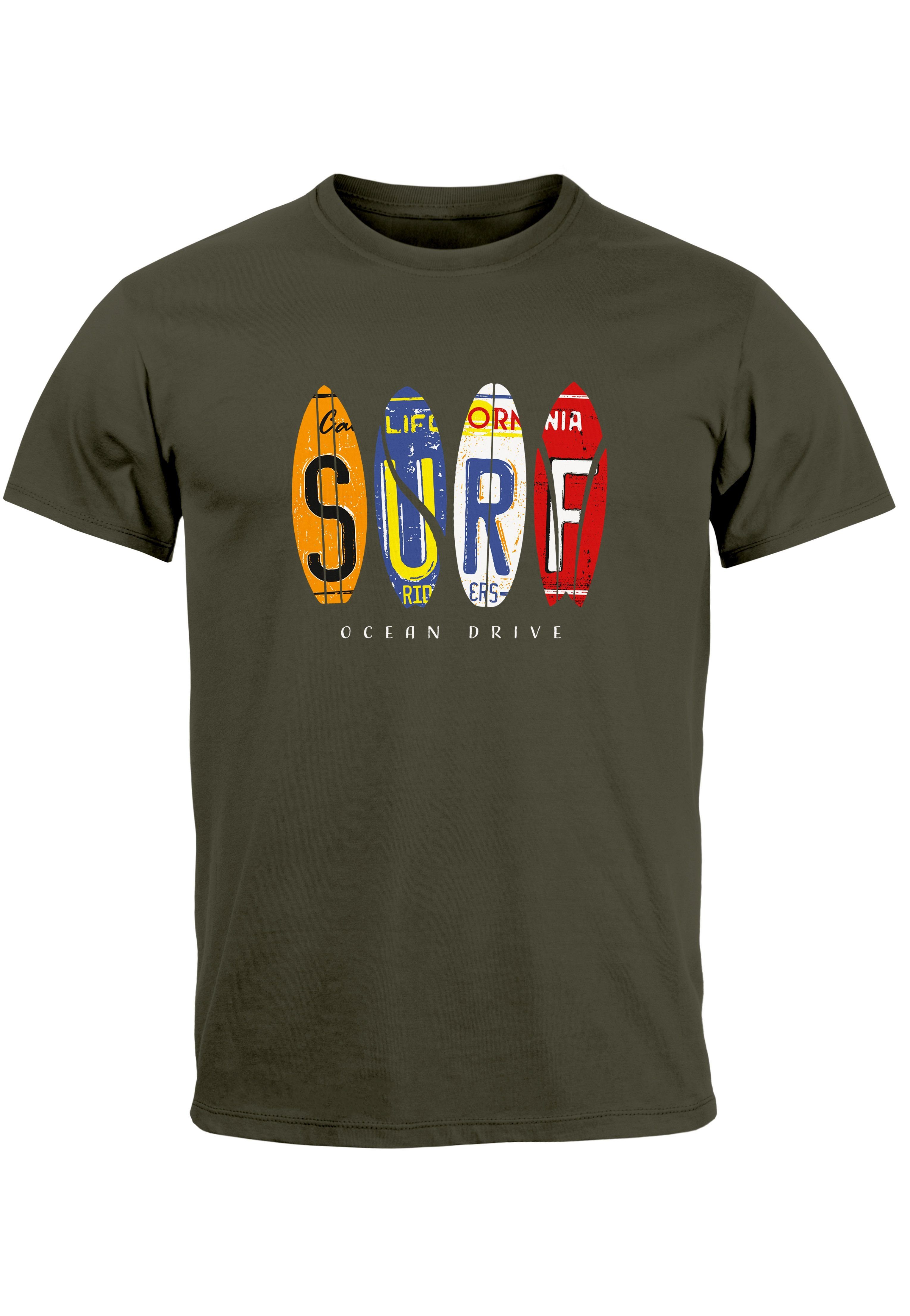 Neverless Print-Shirt Herren T-Shirt Print Surfboards California Surfing Ocean Drive Sommer mit Print army