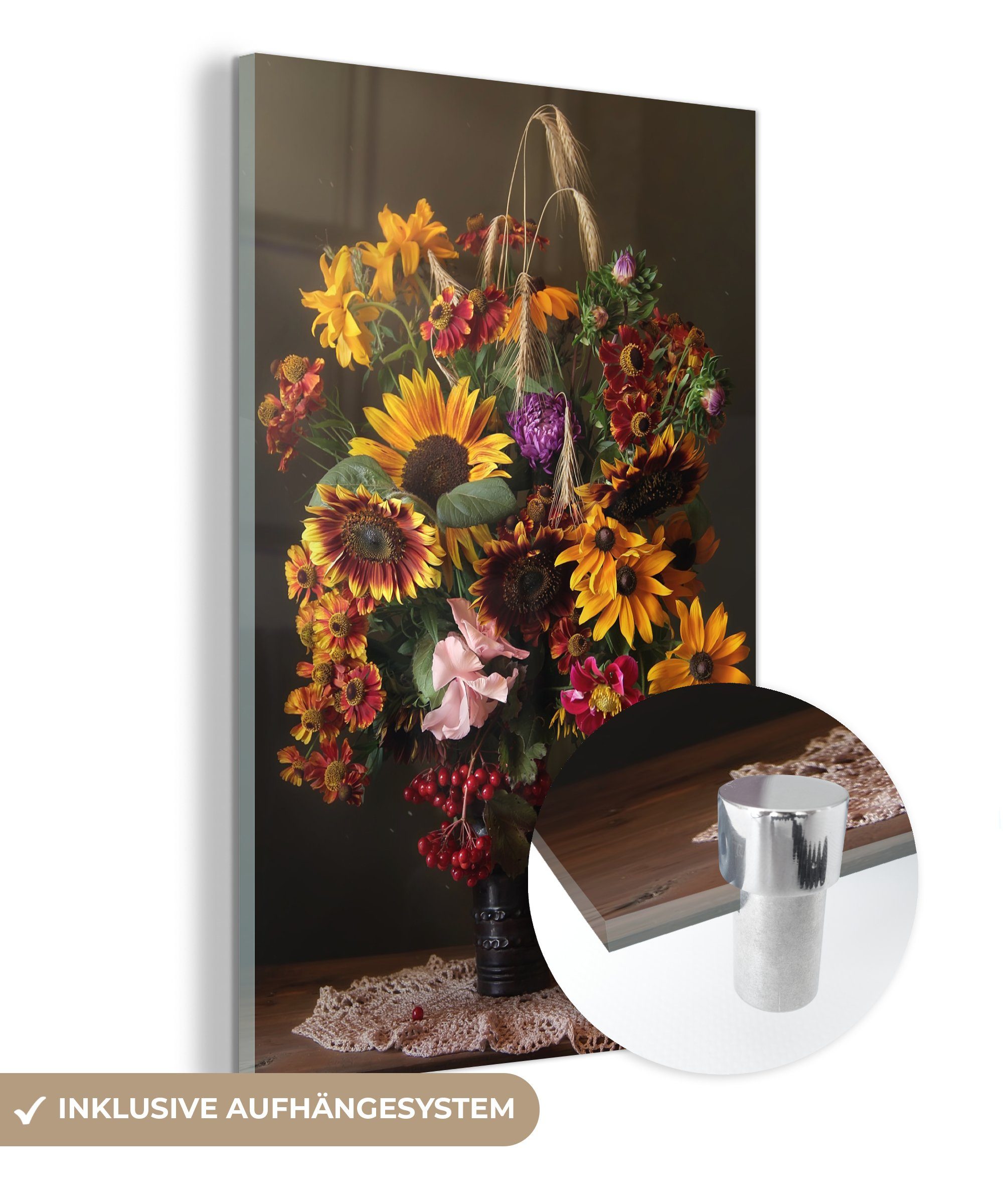 MuchoWow Acrylglasbild Blumenstrauß - Farben - Stilleben, (1 St), Glasbilder - Bilder auf Glas Wandbild - Foto auf Glas - Wanddekoration