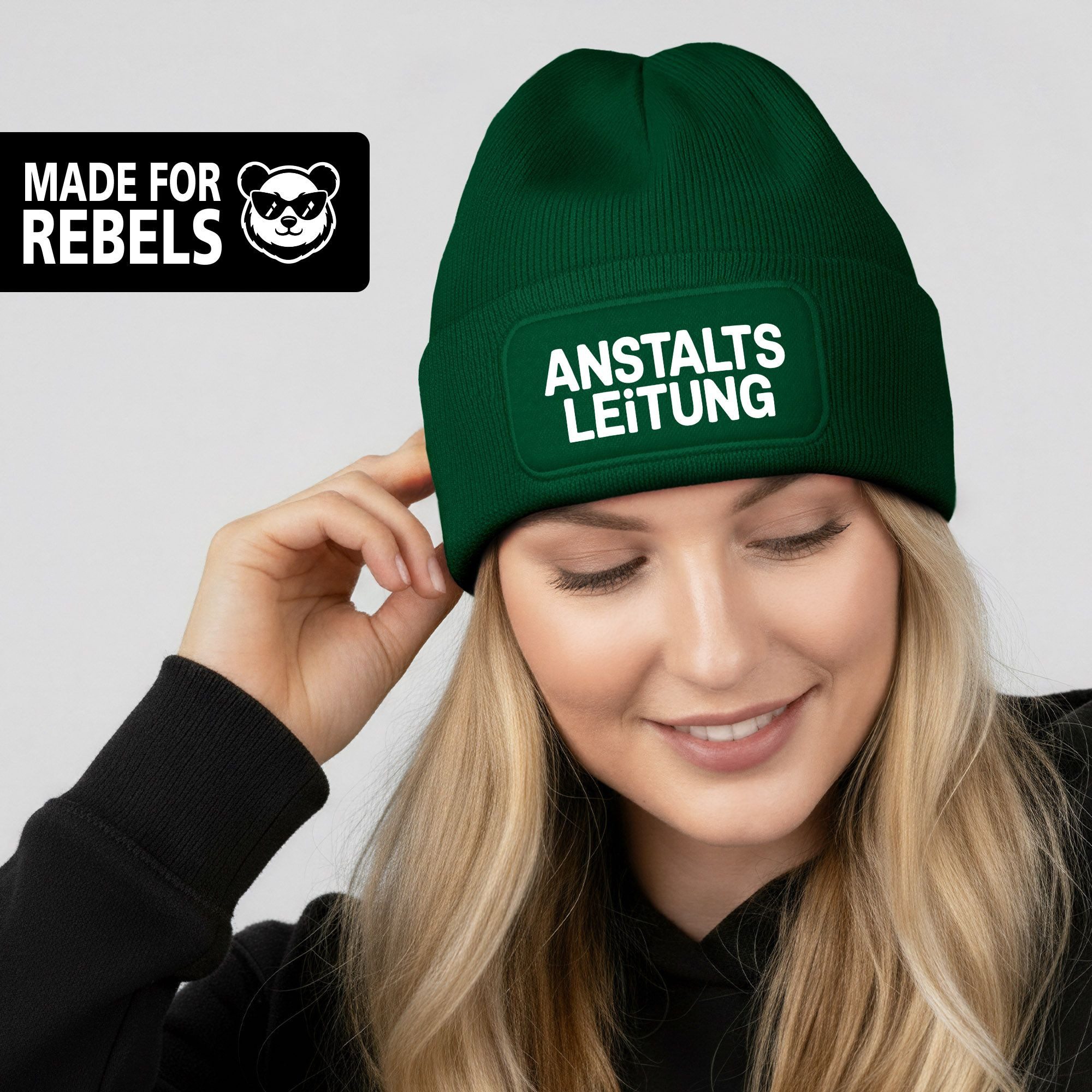 MoonWorks Strickmütze Damen Beanie Patch Bedruckt Lustig Anstaltsleitung Strickmütze mit