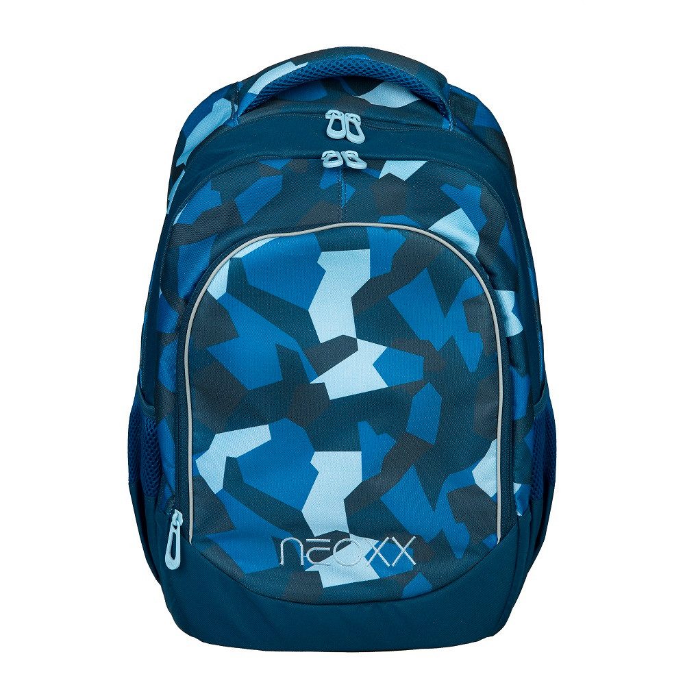 neoxx Schulrucksack Fly Schulrucksack 5. bis 12. Klasse (Set, 2-tlg., inkl. Schlamper-Mäppchen), Camo Nation Blau für Jungen und Mädchen