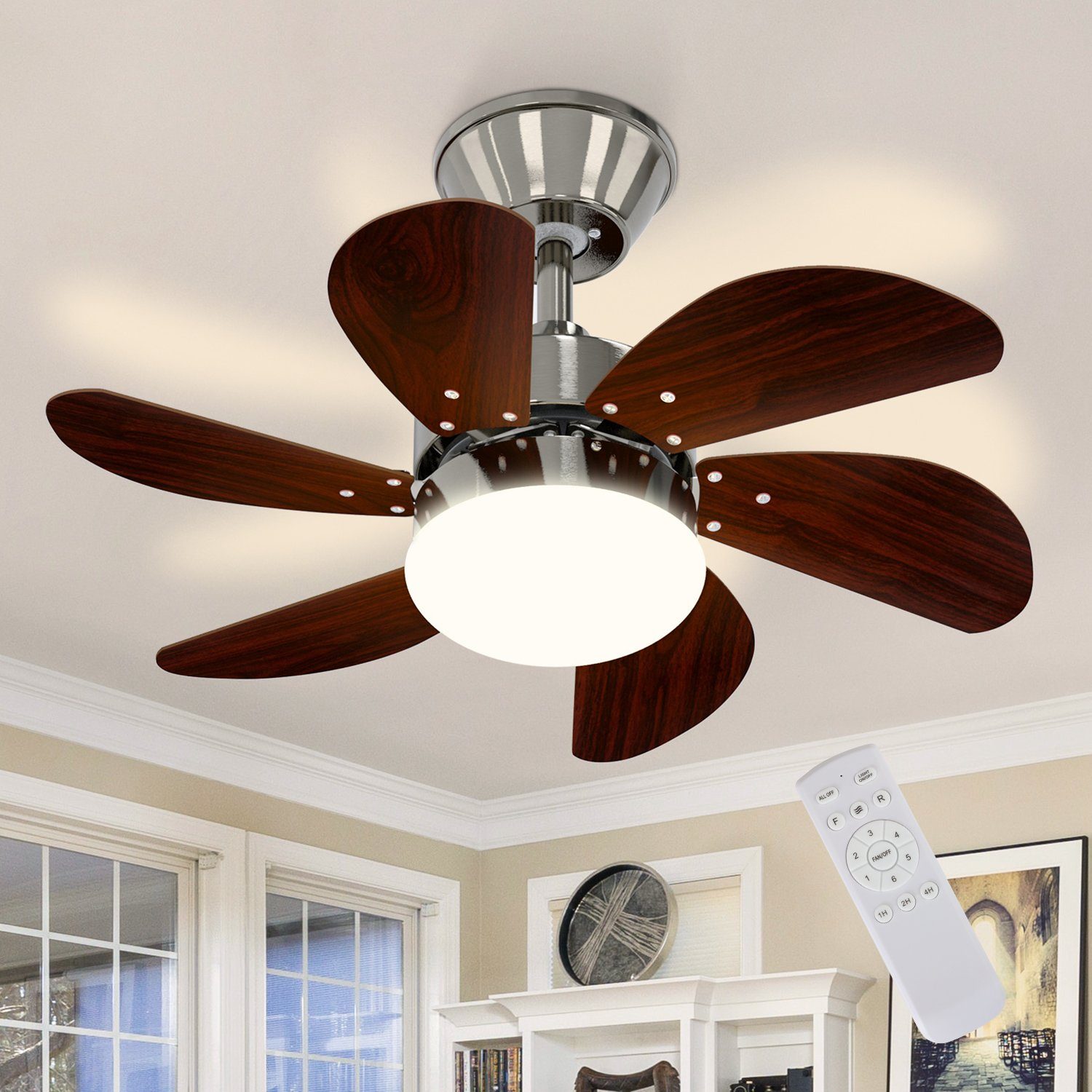 ZMH Deckenventilator Leise Deckenlampe Ventilator Einzelleuchte Fan, Ø75 cm,  40W, Timer Funktion, 6 Flügeln, mit Fernbedienung