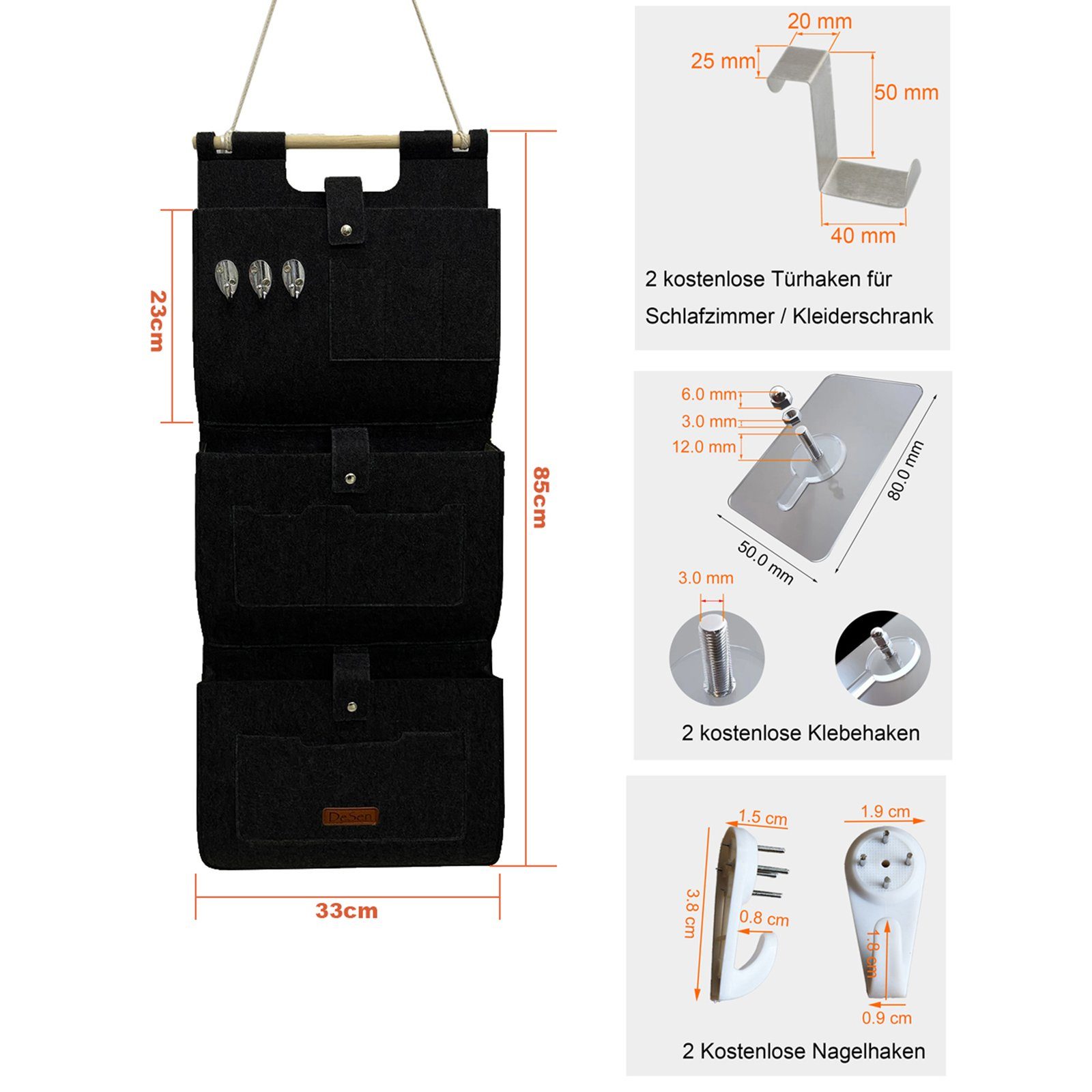 RAIKOU Aufbewahrungstasche Hängeorganzier für Tür und Wand / Wandtasche (für Garderobe,Bad, Küche), Multifunktionstaschen+3 Schlüsselanhänger