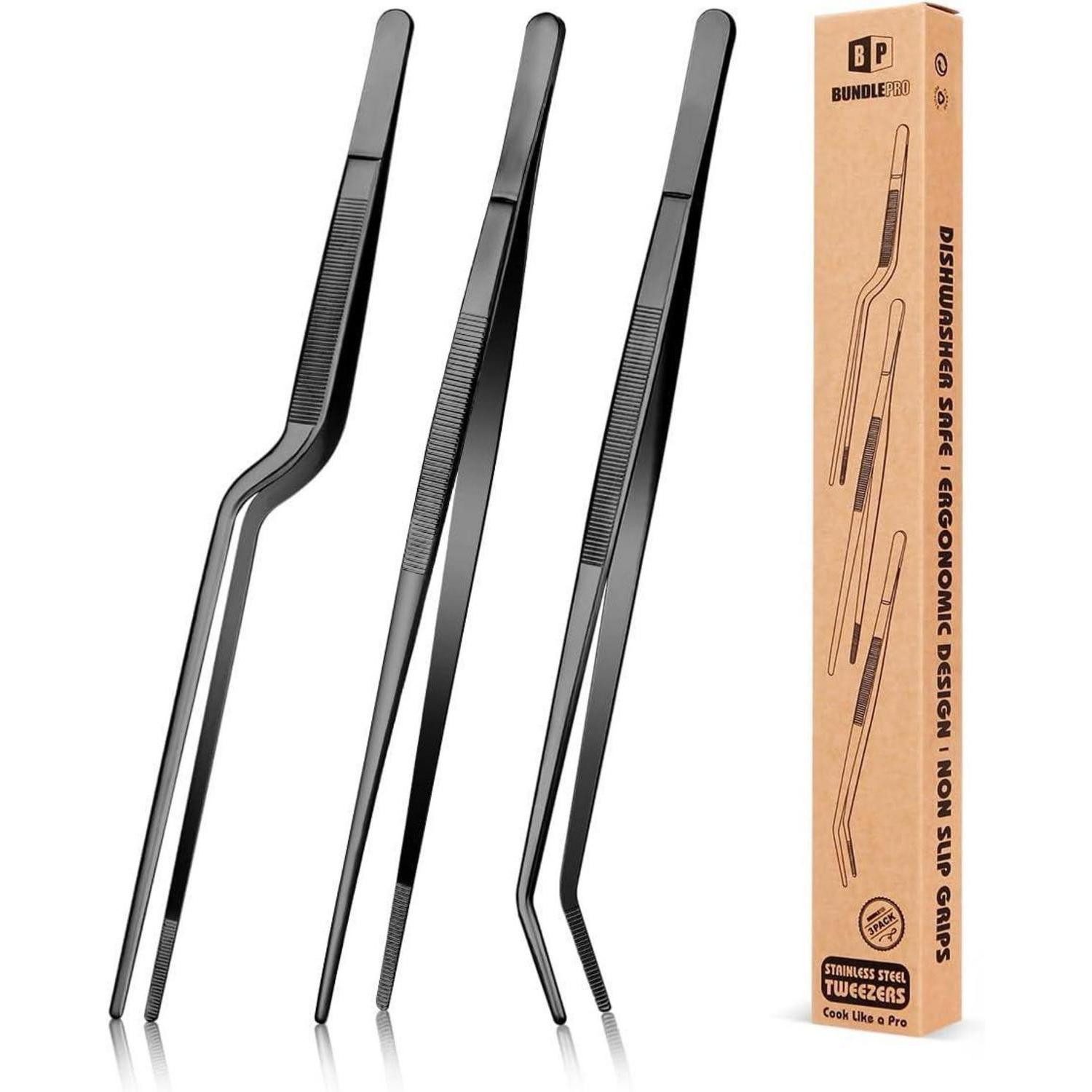 BUNDLEPRO Kochpinzette Professionelles Edelstahl-Kochpinzette Set 10 Zoll Schwarz