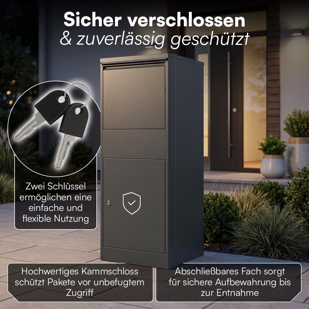STEELSØN Paketbox Theron aus Stahl, Paketkasten abschließbar mit Schloss (Anthrazit, 103x41x38 cm), 1 Fach, sicheres Klappsystem, wasserdichte Aufbewahrung – Bild 5 von 5