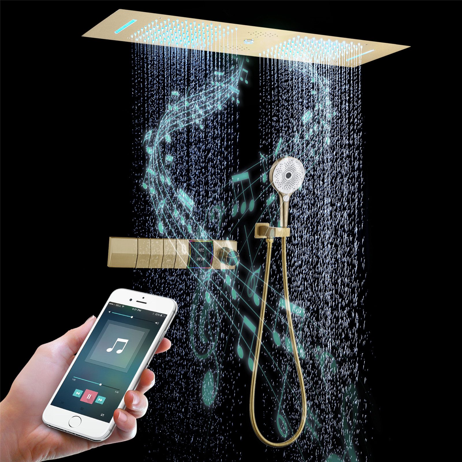 Oihpaw Duschsystem LED Musik-Duschsystem mit Thermostat, 300x900 mm, RGB 64 Farben, 4 Funktionen: Regen, Wasserfall, Wassersäule, Handbrause, Messing